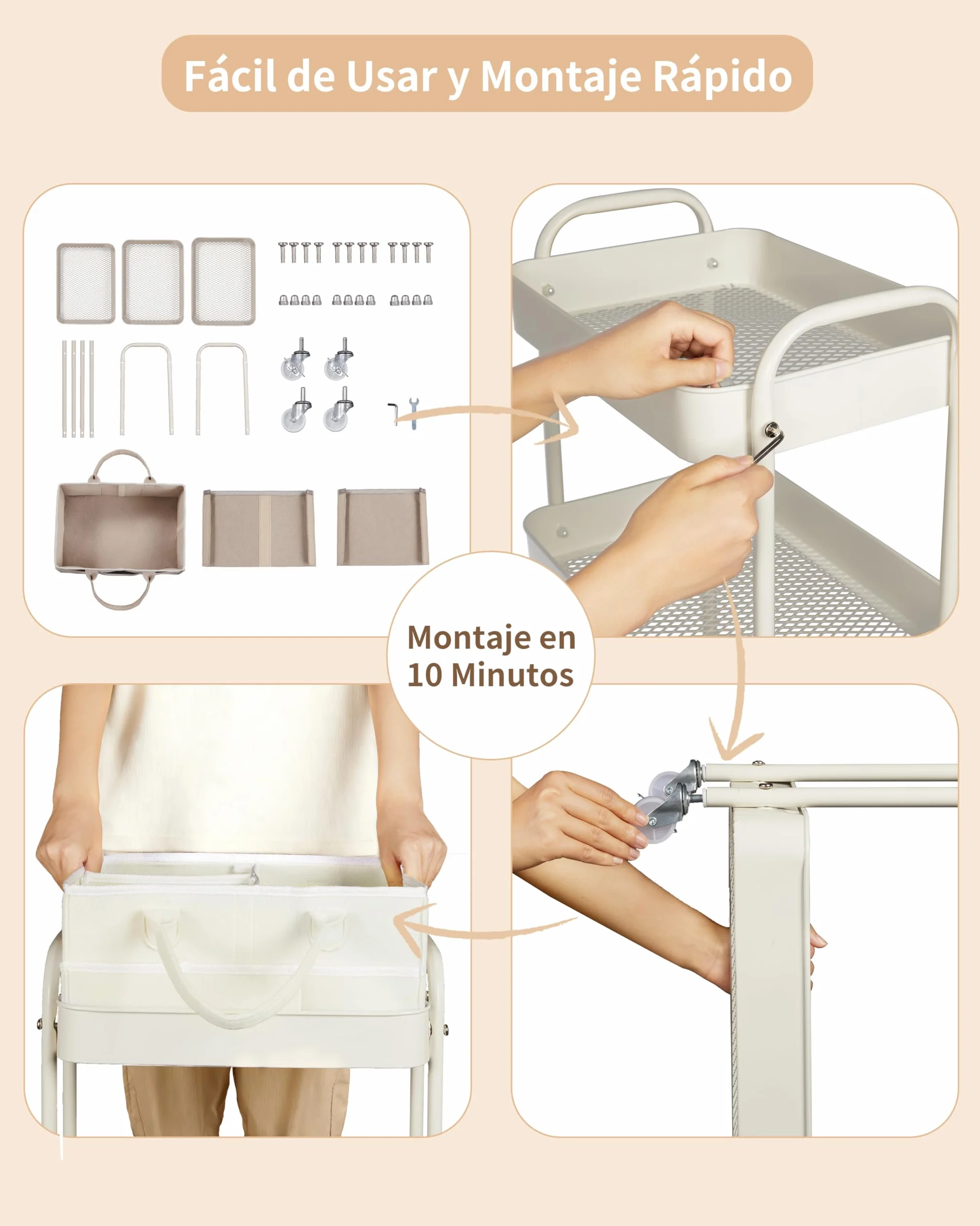 Fortella Carrito Auxiliar 3 Niveles, Cesta Bebe Recien Nacido Fieltro Portátil, Almacenamiento Hogar, Organizador Pañales, Multifuncional Carrito Cocina Baño (Beige)