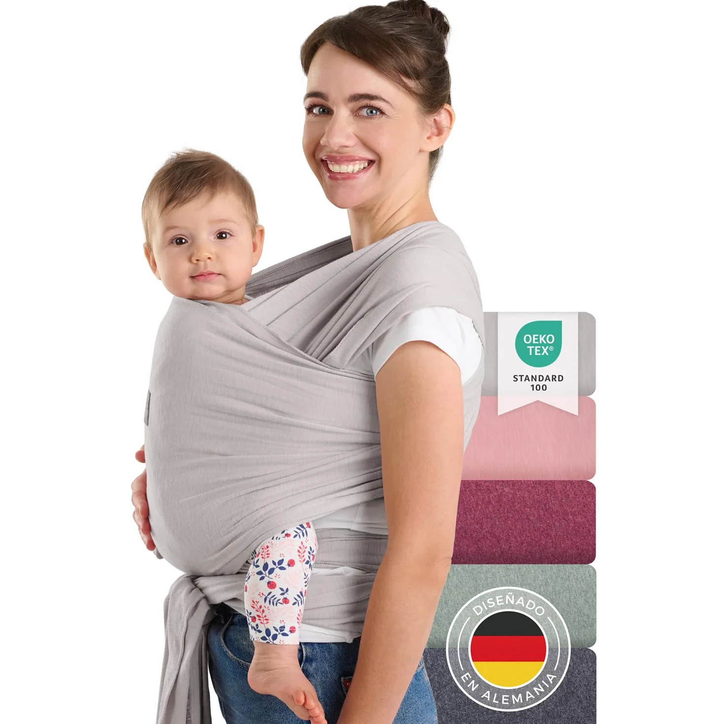 Fular Portabebe Hasta 15kg de Suave Algodón - Portabebe Recien Nacido + Certificado OEKO-TEX - Fular Porteo 5,10m - Gris Claro