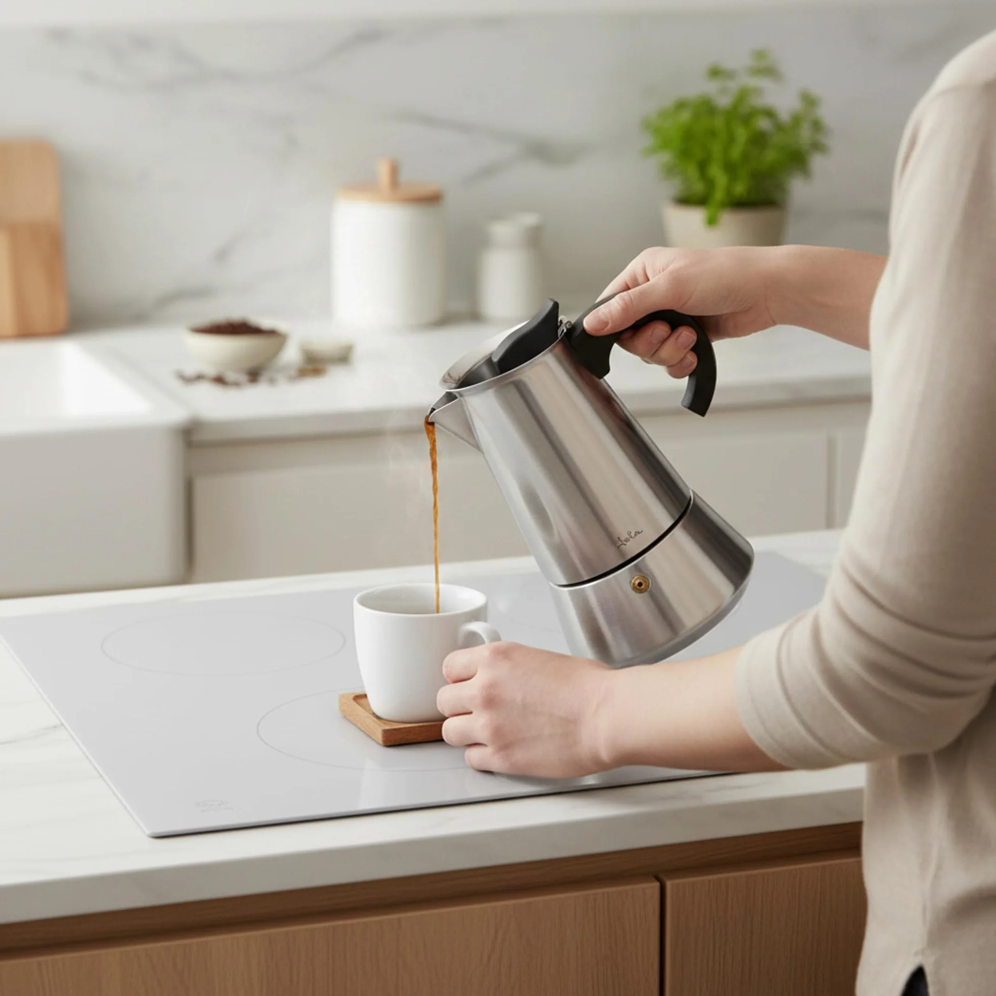 Jata Hogar CAX110 - Cafetera Italiana Inducción 10 Tazas Acero Inoxidable, Cafetera Moka Espresso, Compatible con Todas las Cocinas, Acabado Pulido Espejo, Mango Ergonómico Anticalor