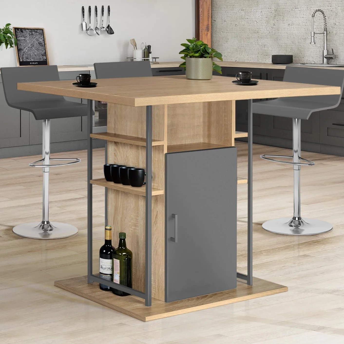 IDMarket – Ilot Central UGO 110 cm Madera Gris e Imitación Haya con Almacenamiento Diseño Industrial