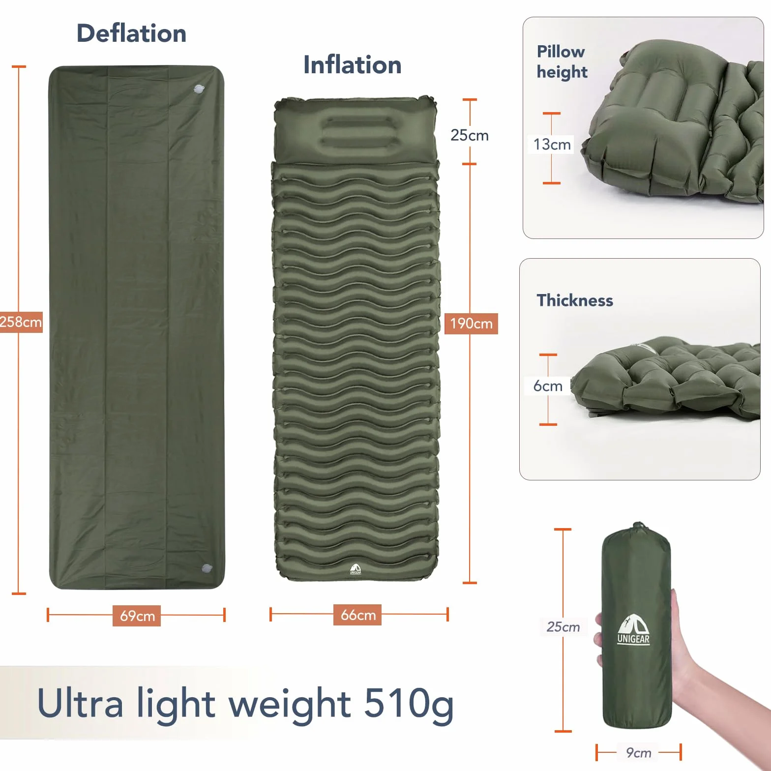 Unigear Esterilla Inflable Portátil Colchón de Aire para Camping Ultraligero Resistente