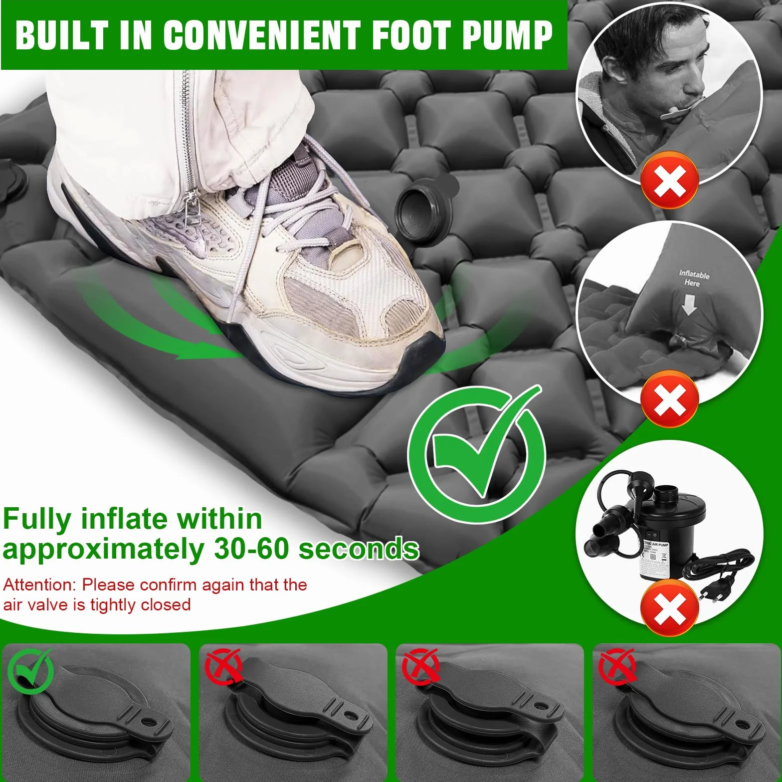 Colchón autoinflable ultraligero impermeable con bomba de pie para camping