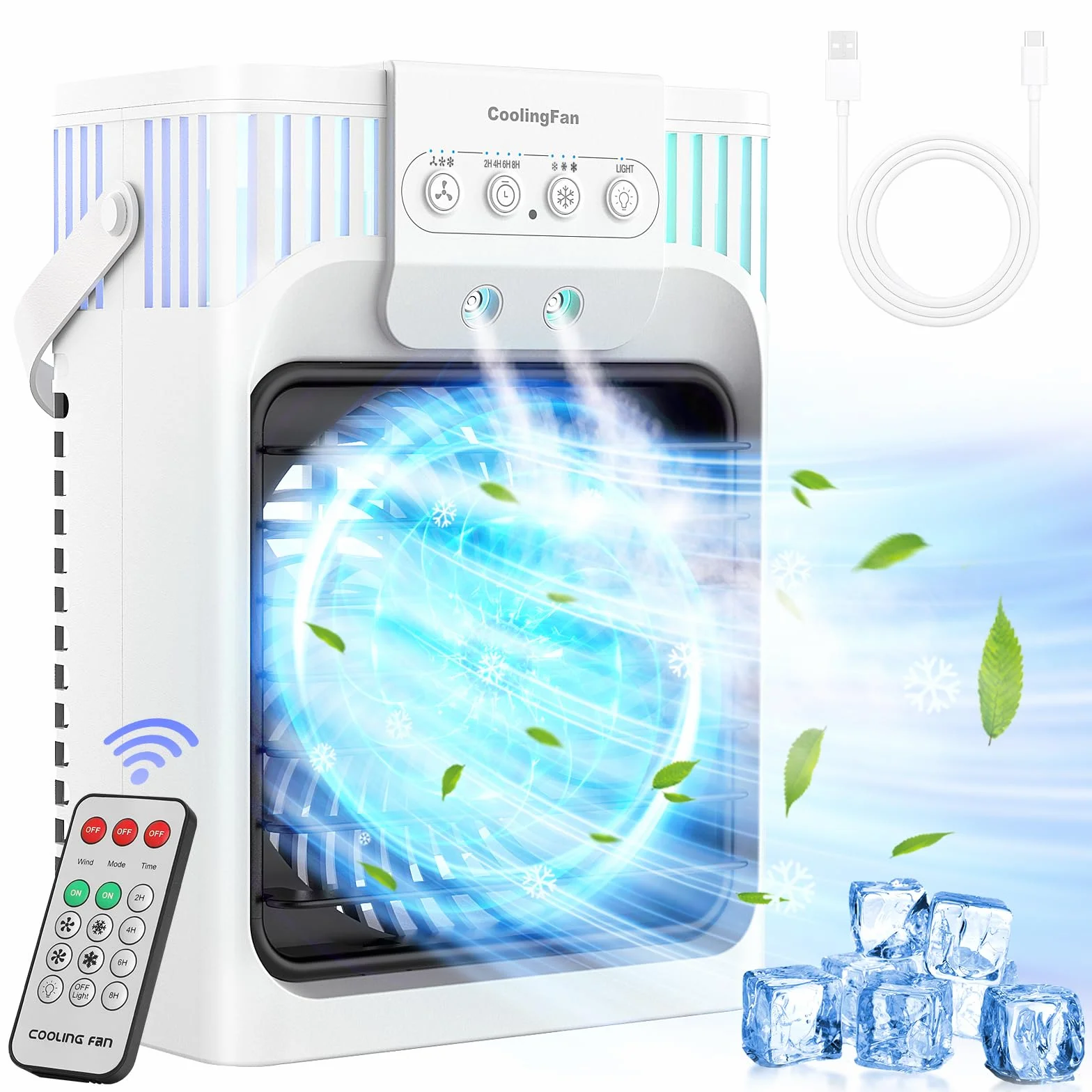1200ml Aire Acondicionado Portatil con Mando, 5 en 1 Mini Aire Acondicionado, 3 Velocidades, 3 Modos de Nebulización, Luz de 7 Colores, Temporizador de 2-8H, Enfriador de Aire Portátil Interior