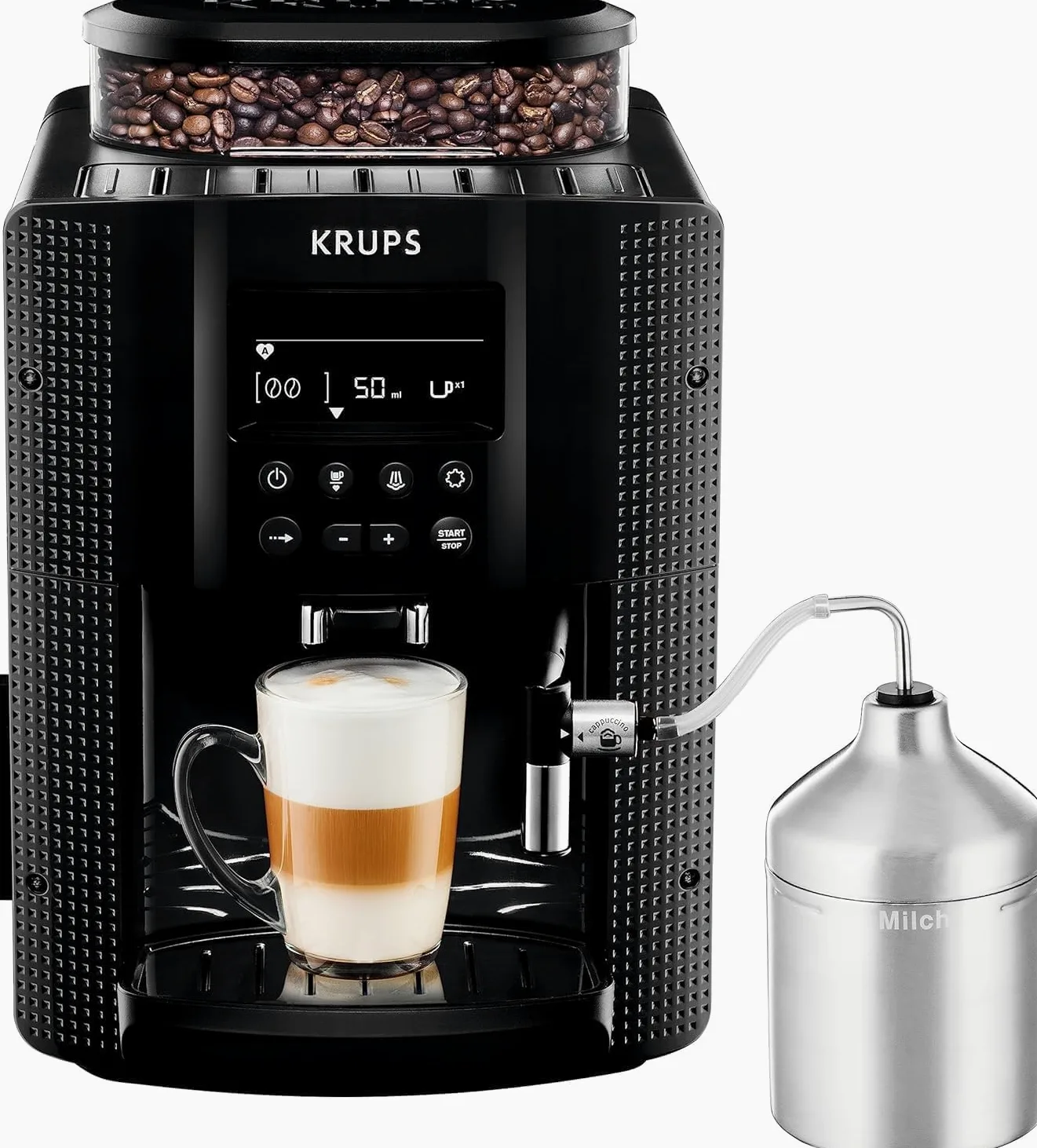 Krups Essential, Cafetera superautomática, Depósito de agua de 1,7 L, 3 niveles de temperatura, 3 texturas de molienda, 15 Bares, Pantalla LCD intuitiva, Incluye accesorio para la leche, Negra, EA8160