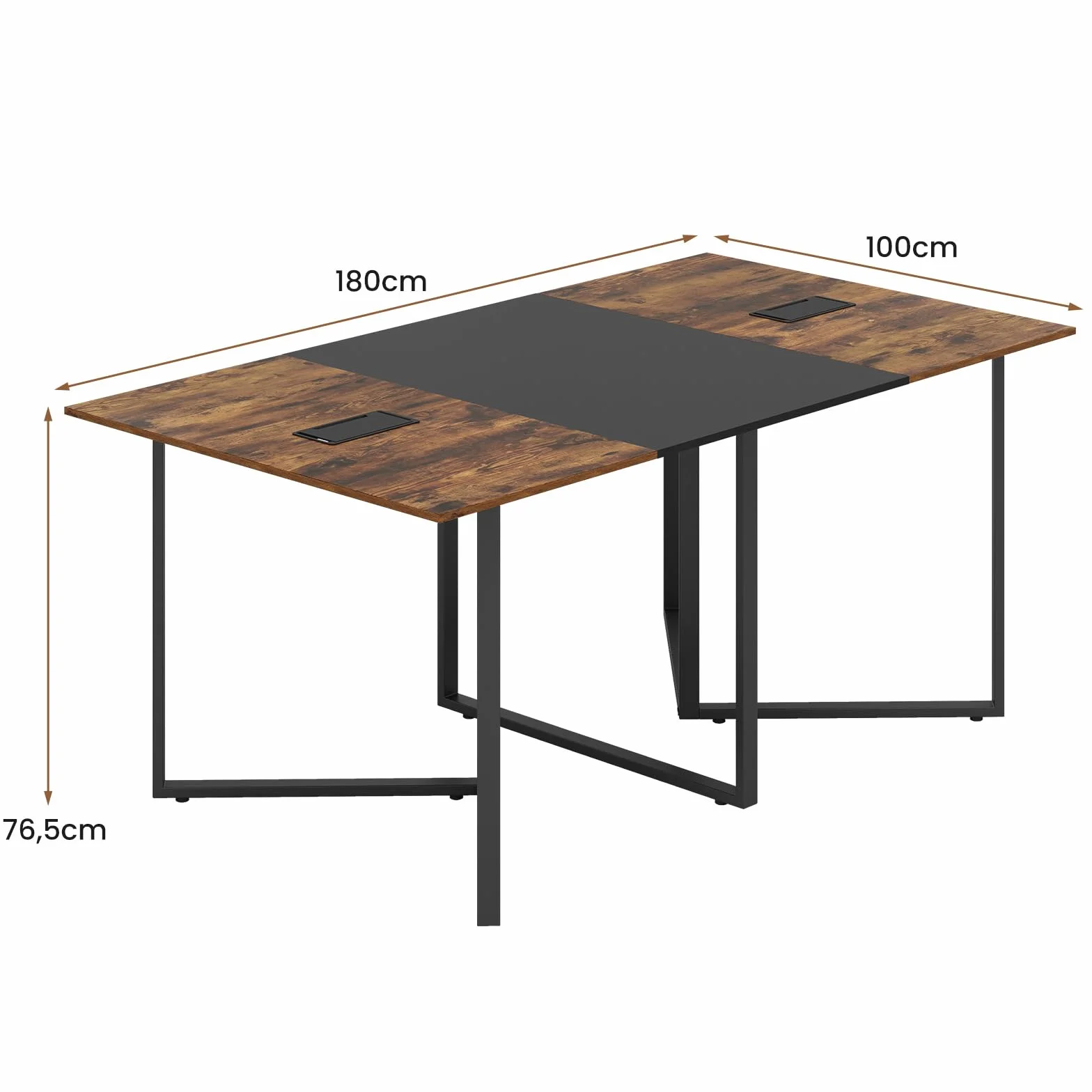 GYMAX Escritorio para Ordenador de 180 cm, Mesa de Conferencias para 6-8 Personas, Gran Mesa Rectangular con 2 Pasacables, Estilo Industrial, para Sala de Reuniones, Sala de Juntas, Oficina