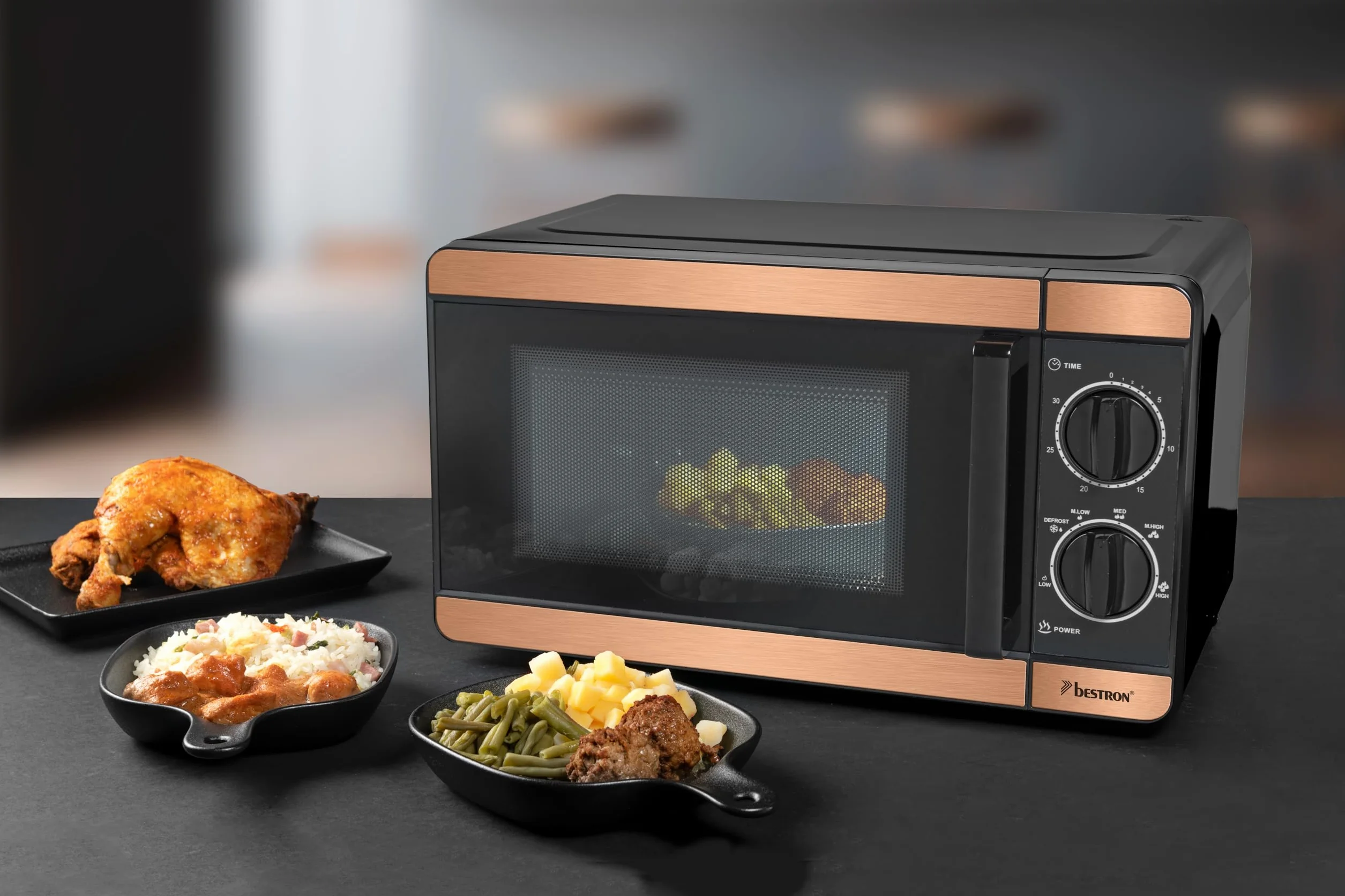 Bestron Microondas de 700 W, panel de control de dos piezas con 6 niveles y 30 min. Temporizador, regulable sin niveles, con plato giratorio de 24,5 cm para todos los tamaños comunes, colección de