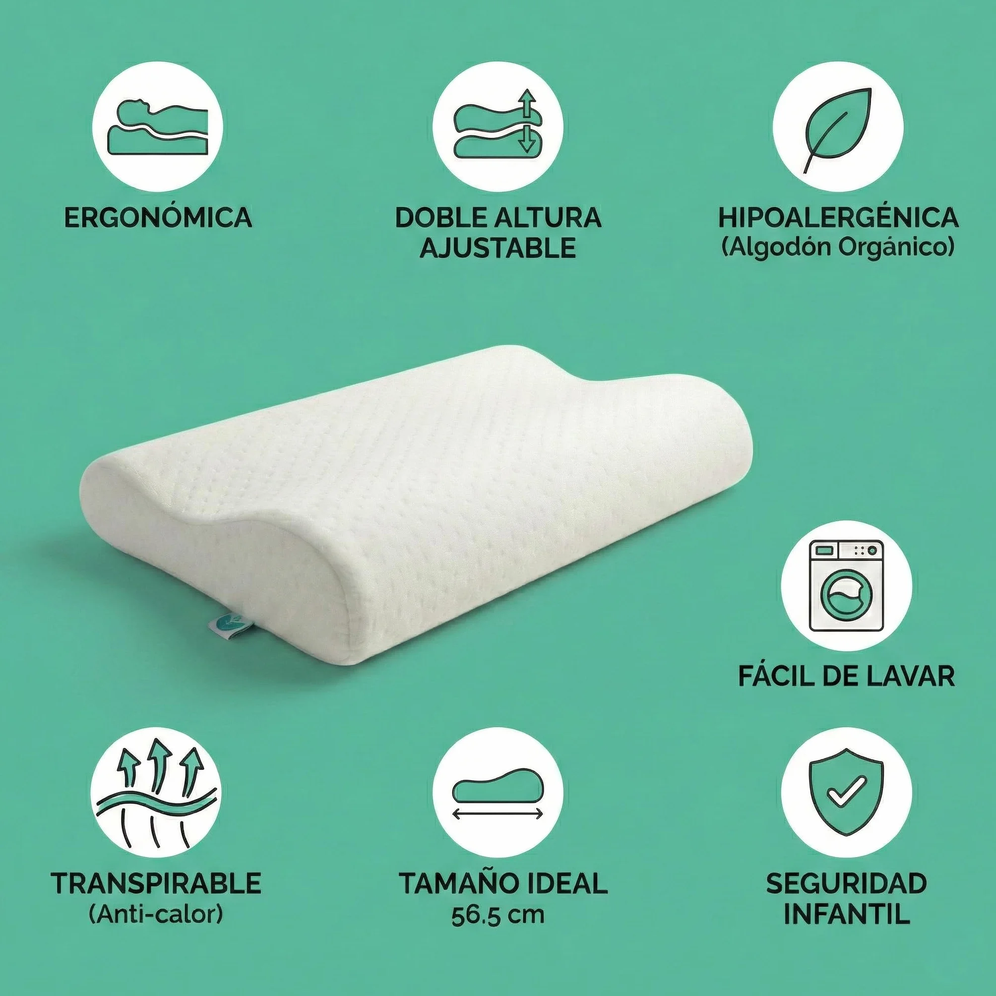 Almohada Infantil Viscoelástica Hipoalergénica 56.5 x 30 x 8/5 cm Memory Foam para Bebés y Niños 2-12 Años