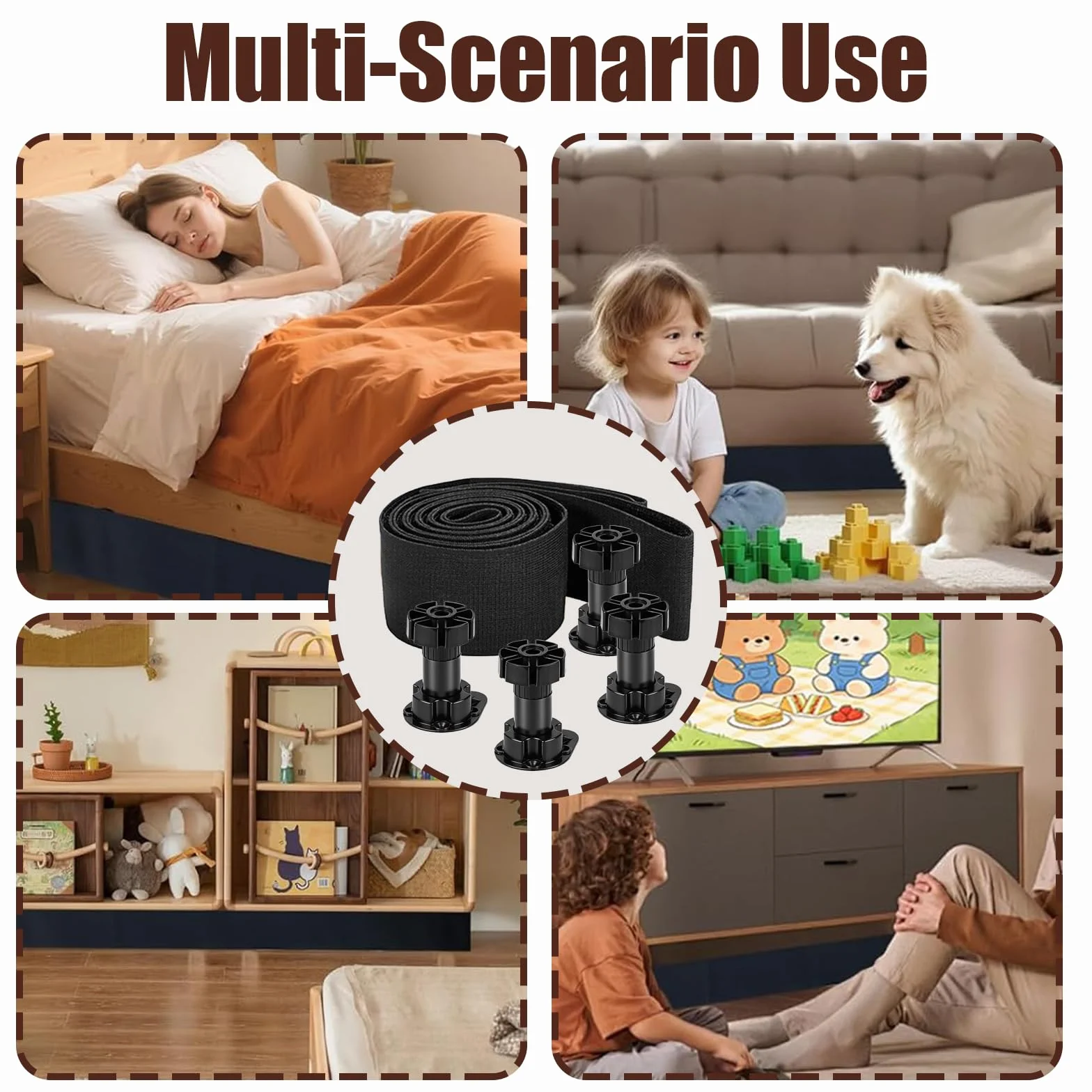 Bloqueador Debajo del Sofá, Protector Huecos Muebles, Patas Ajustables, Correa Nylon 7,5CM x 3,35M