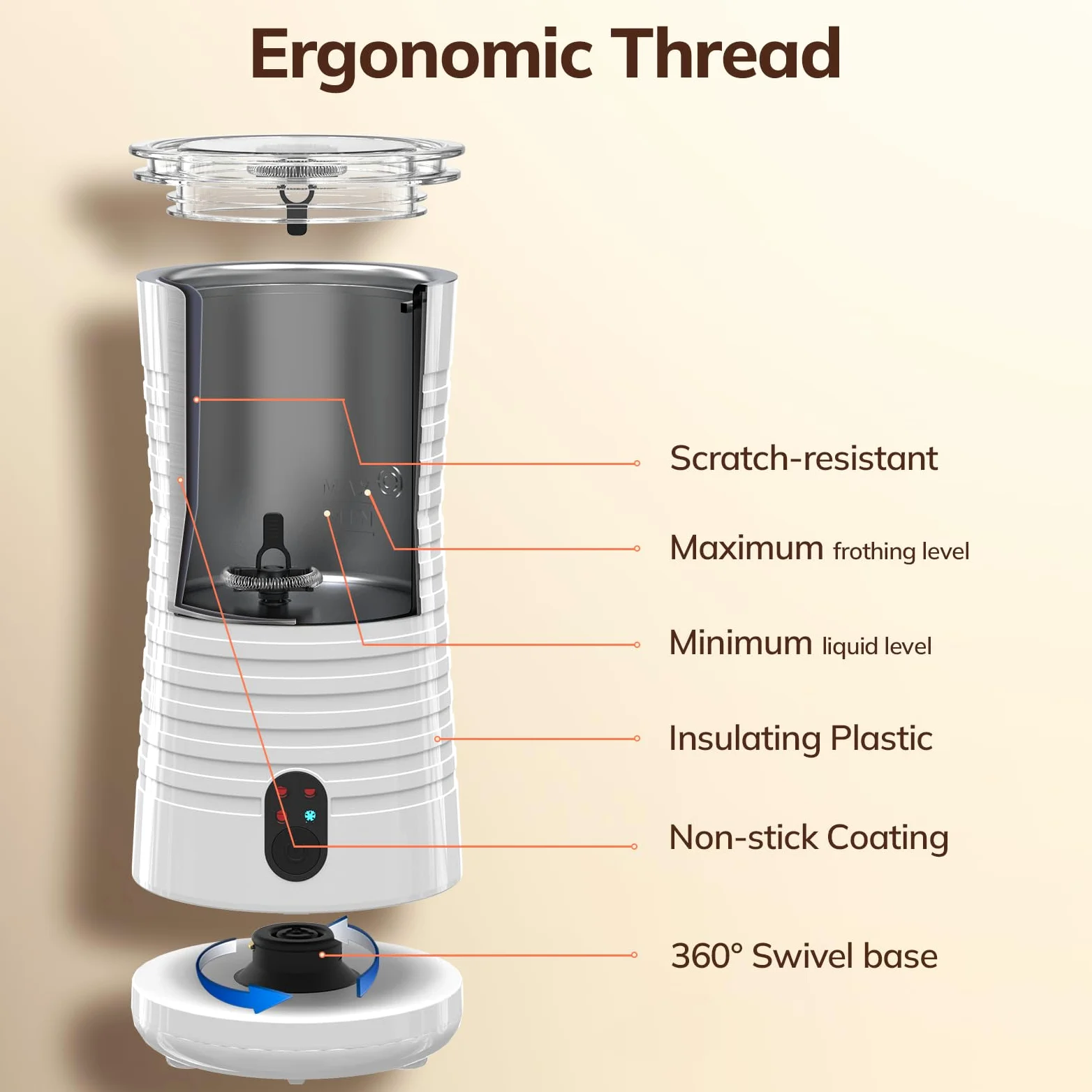 morpilot - Espumador de leche eléctrico 4 en 1, calentador y espumador de leche caliente y fría, 240 ml, 400 W, controles de temperatura Strix, funcionamiento silencioso, para café, capuchino, blanco