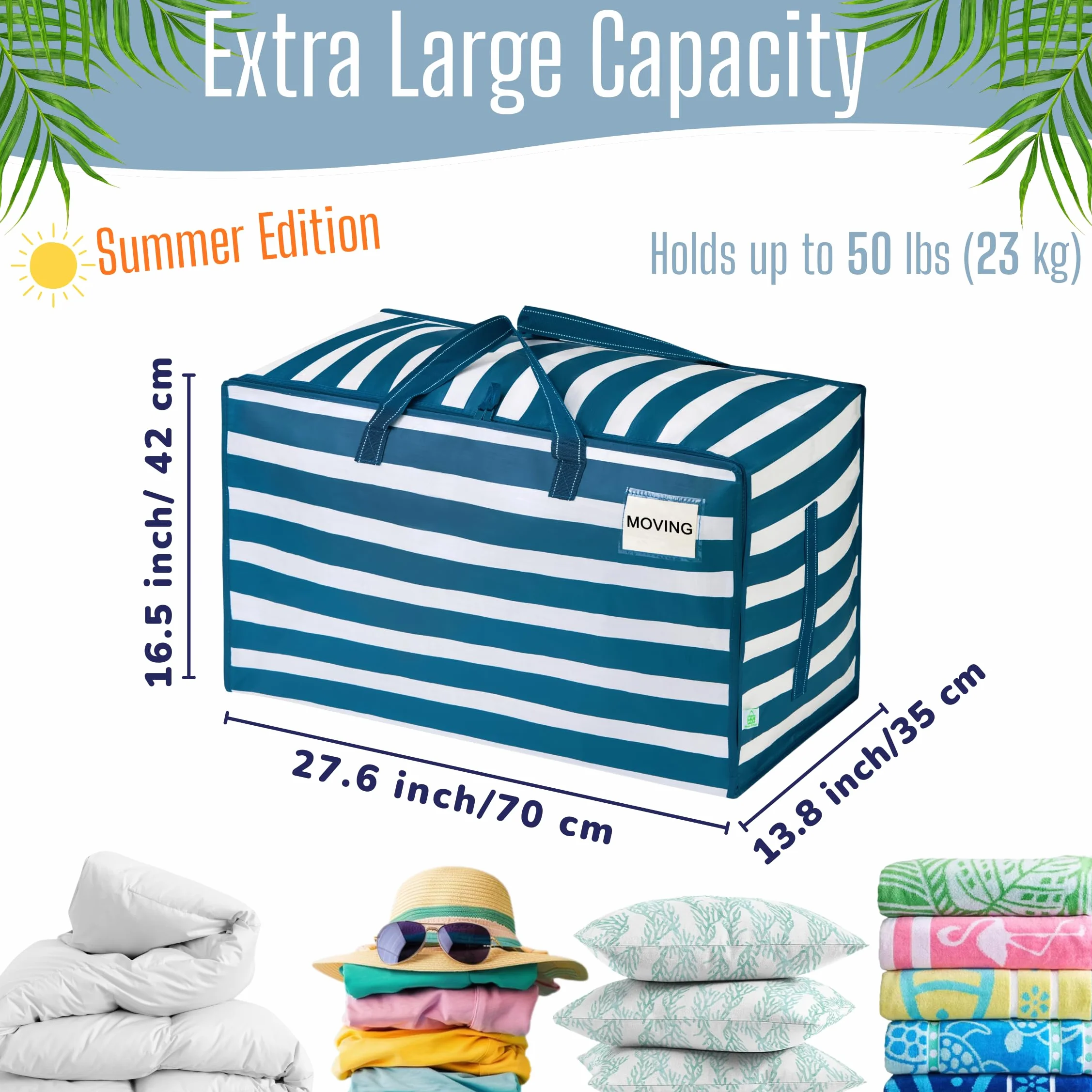 VENO Pack de 4 Bolsa Organizadora Gruesa de Gran Tamaño con Asas Fuertes y Cremalleras para Viajes, Transporte,Universitario, Mudanza, Camping, Embalaje,(Raya Azul Marino, Pack de 4)