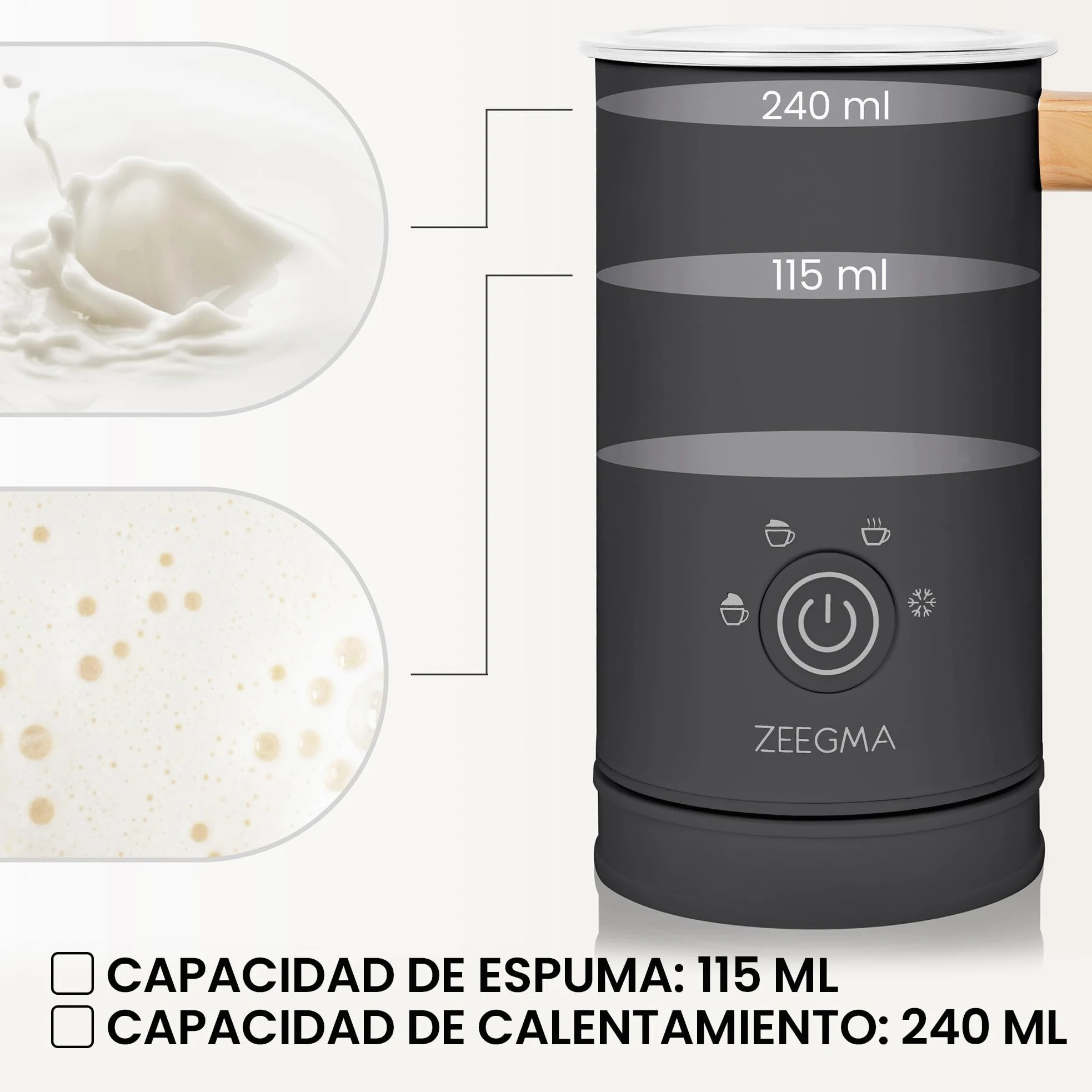 Zeegma Milkee - Espumador de Leche Eléctrico Milkee 650ml, Potencia de 500W, 4 Modos para Espumar y Calentar, Diseño Moderno con Mango de Madera, Fácil de Limpiar, Revestimiento Antiadherente - Blanco
