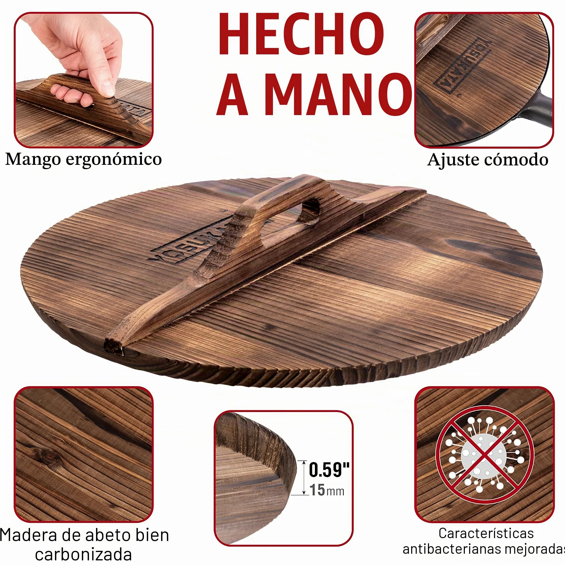 YOSUKATA Sartén Wok de Acero al Carbono 34 cm + Tapa Para Sartén Wok de Madera Natural de 34 cm