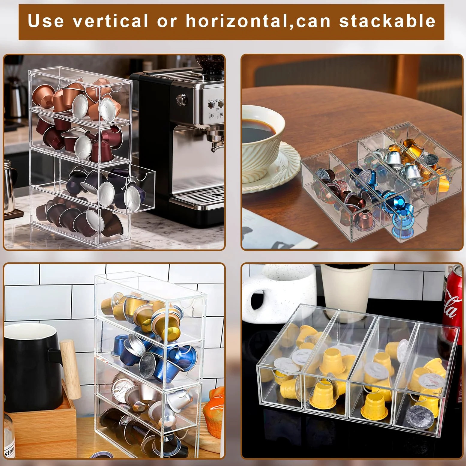 Juego de 2 cápsulas de café, soporte transparente para cápsulas de café, almacenamiento acrílico con 4 cajones, cápsulas de café de cocina y soporte para paquetes de azúcar con tapa, pequeño cajón