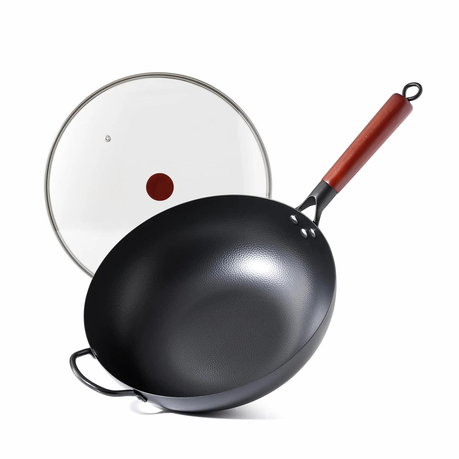 Kordisen Wok de Acero al Carbono 32cm con Tapa, Mango de Madera, Fondo Plano para Inducción y Gas, Antiadherente Natural, Gran Capacidad para 3-6 Personnes, Sartenes para Saltear Estilo Asiático | 17 cm Flachboden für Induktion, Gas, Elektro und Glaskeram