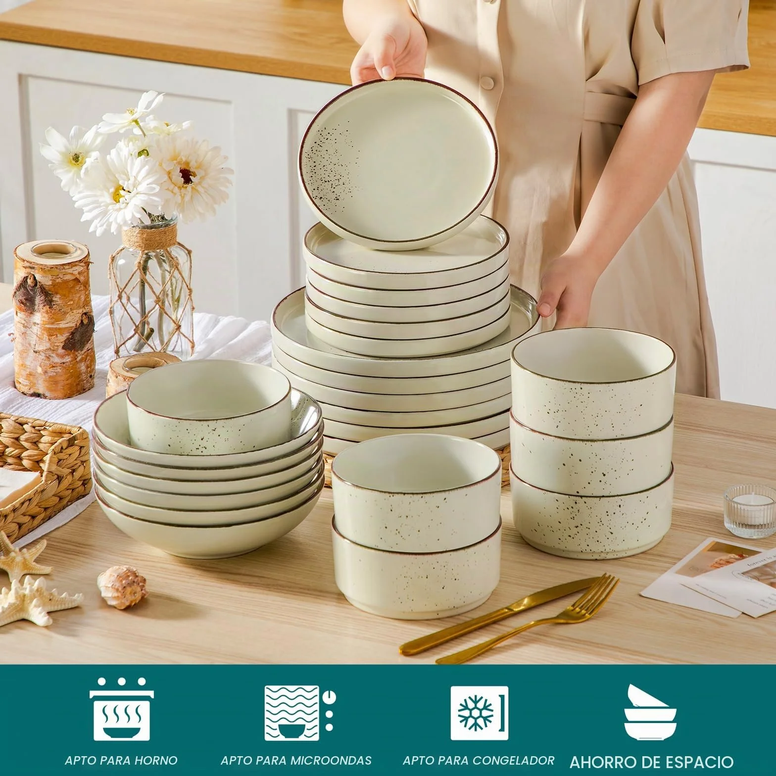 vancasso NAVIA - Vajilla Completa de 24 Piezas para 6 Personas, Platos Vajilla Moderna de Gres - 6 Cuencos Cereales, 6 Postres, 6 Platos Llanos y 6 Hondos - Apto para Microondas y Lavavajillas - Beige