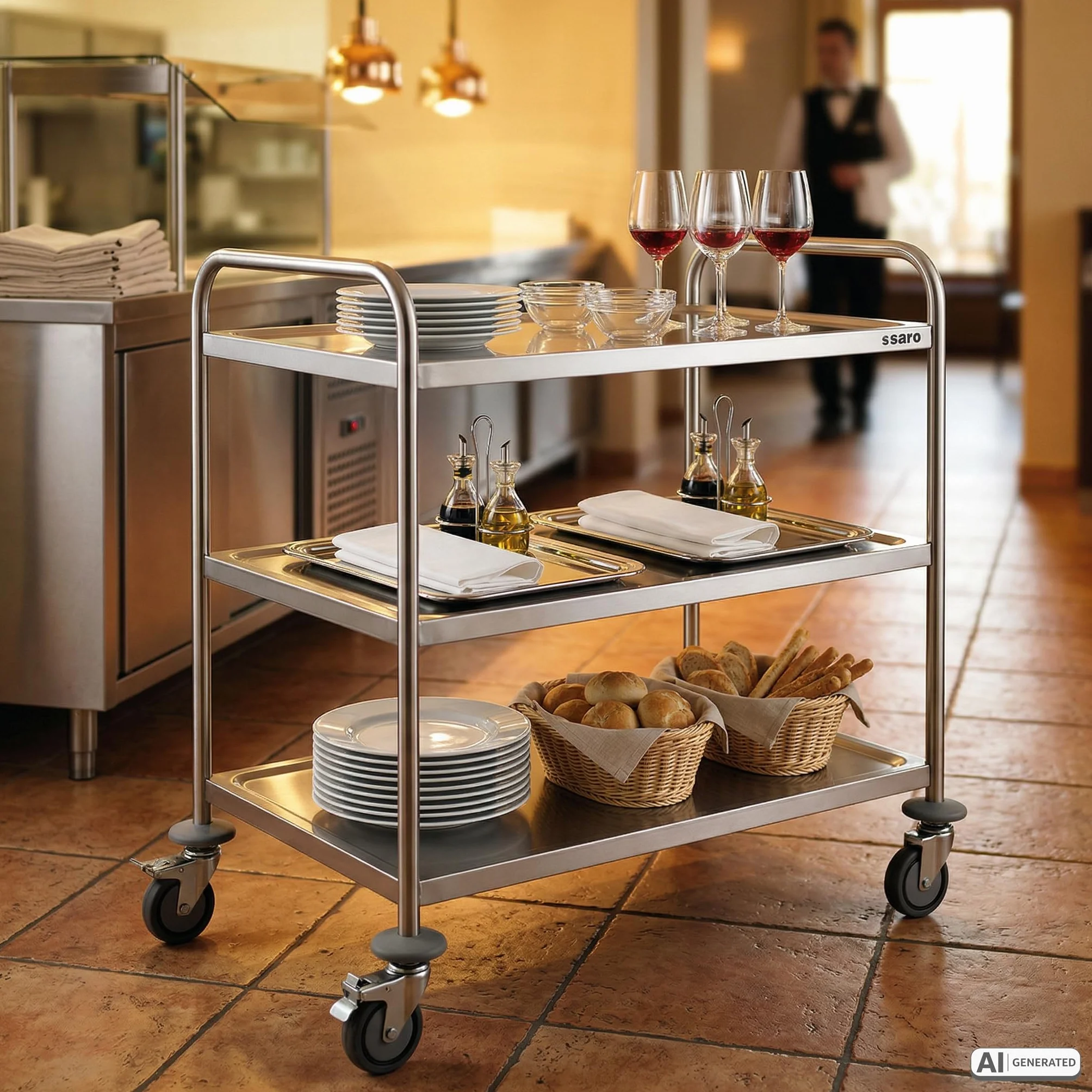 SARO BASTIAN Carro de transporte y servicio con 3 bandejas, acero inoxidable, 80 kg de carga, 4 ruedas (2 con freno), 86 x 54 x 94 cm, para gastronomía y servicio