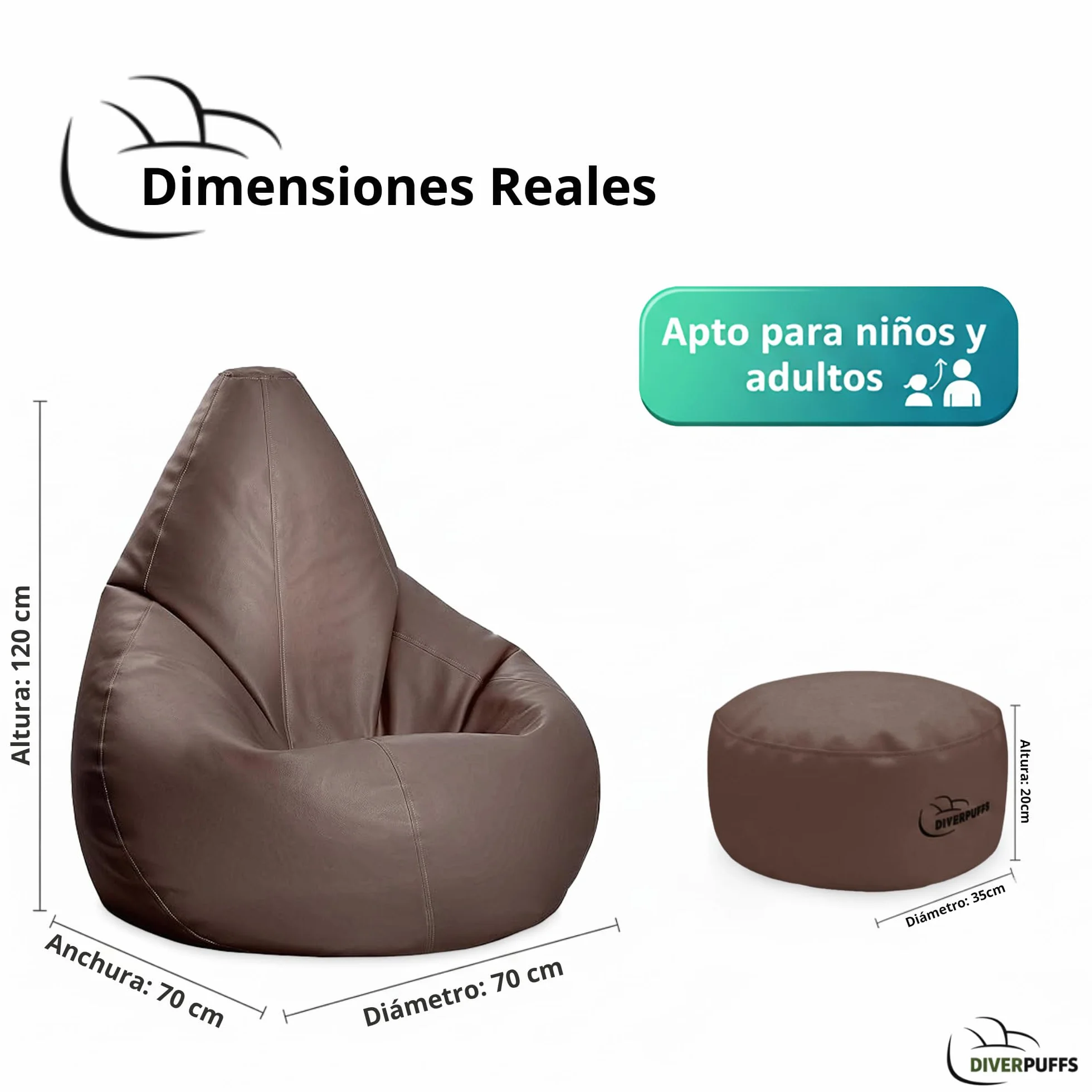 Puff Pera XXL Chocolate con Reposapiés y Relleno Incluido Ultra Cómodo para Leer Jugar o Descansar Ideal para Niños y Adultos Diseño Interior Exterior Antiestrés Uso Diario Salón Dormitorio