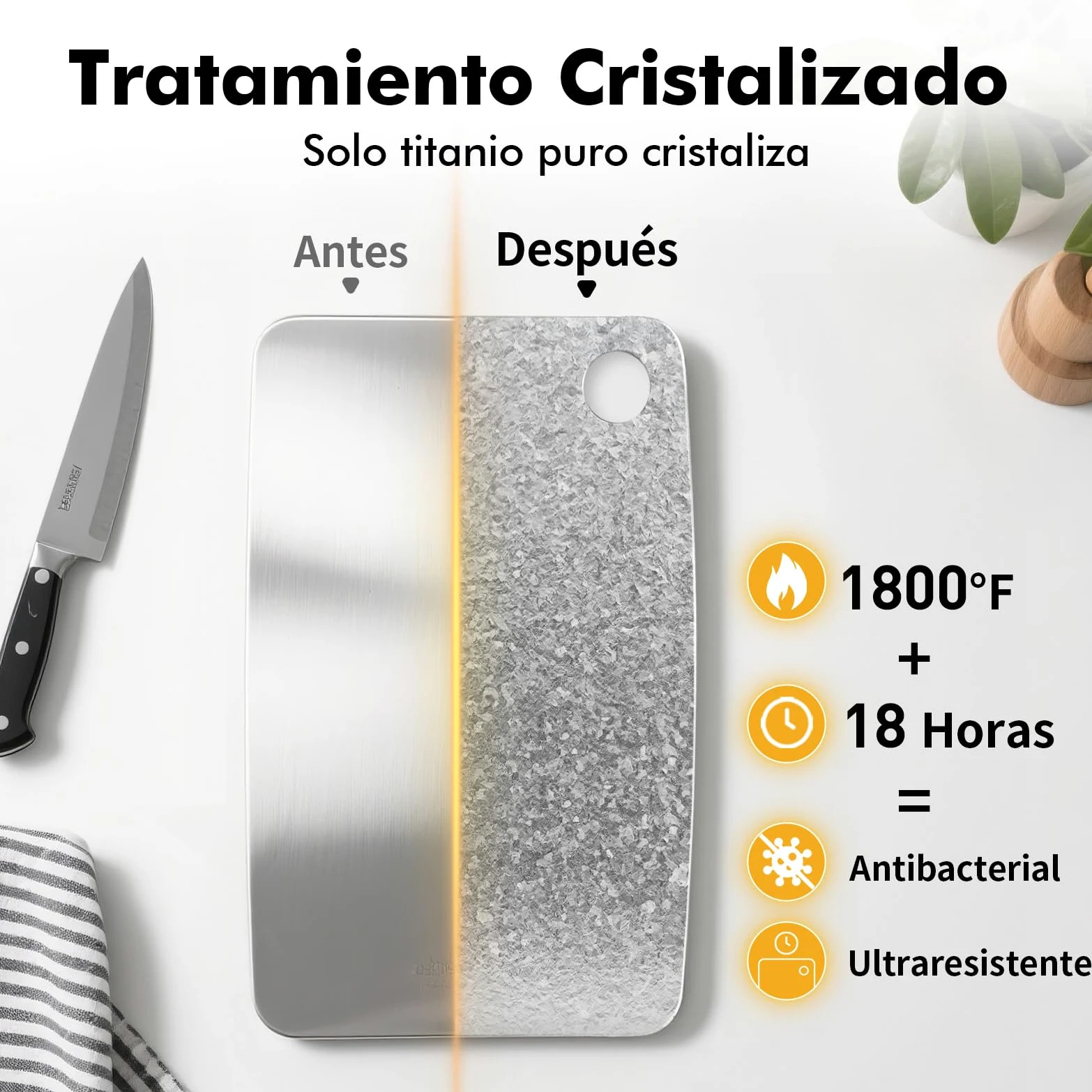 Tabla de cortar de titanio puro 100%, 40 x 28 cm | Tabla doble cara para carne y verduras, sin BPA, lavavajillas, ligera, compacta y fácil de limpiar