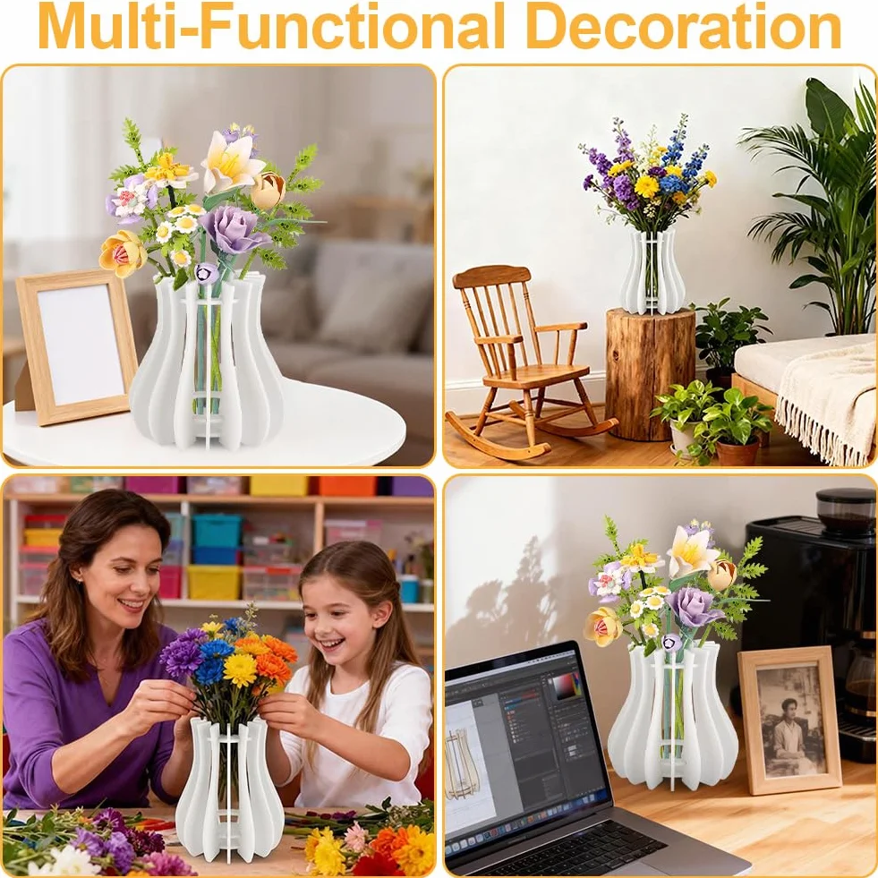 Jarrón Puzzle De Madera,Jarrón de Madera para Lego Flores,Kit de jarrón de Madera para Rosas Lego para Lego Rosas,Cerezo,Girasoles,Tulipanes,para Decoración Escritorio,Blanco
