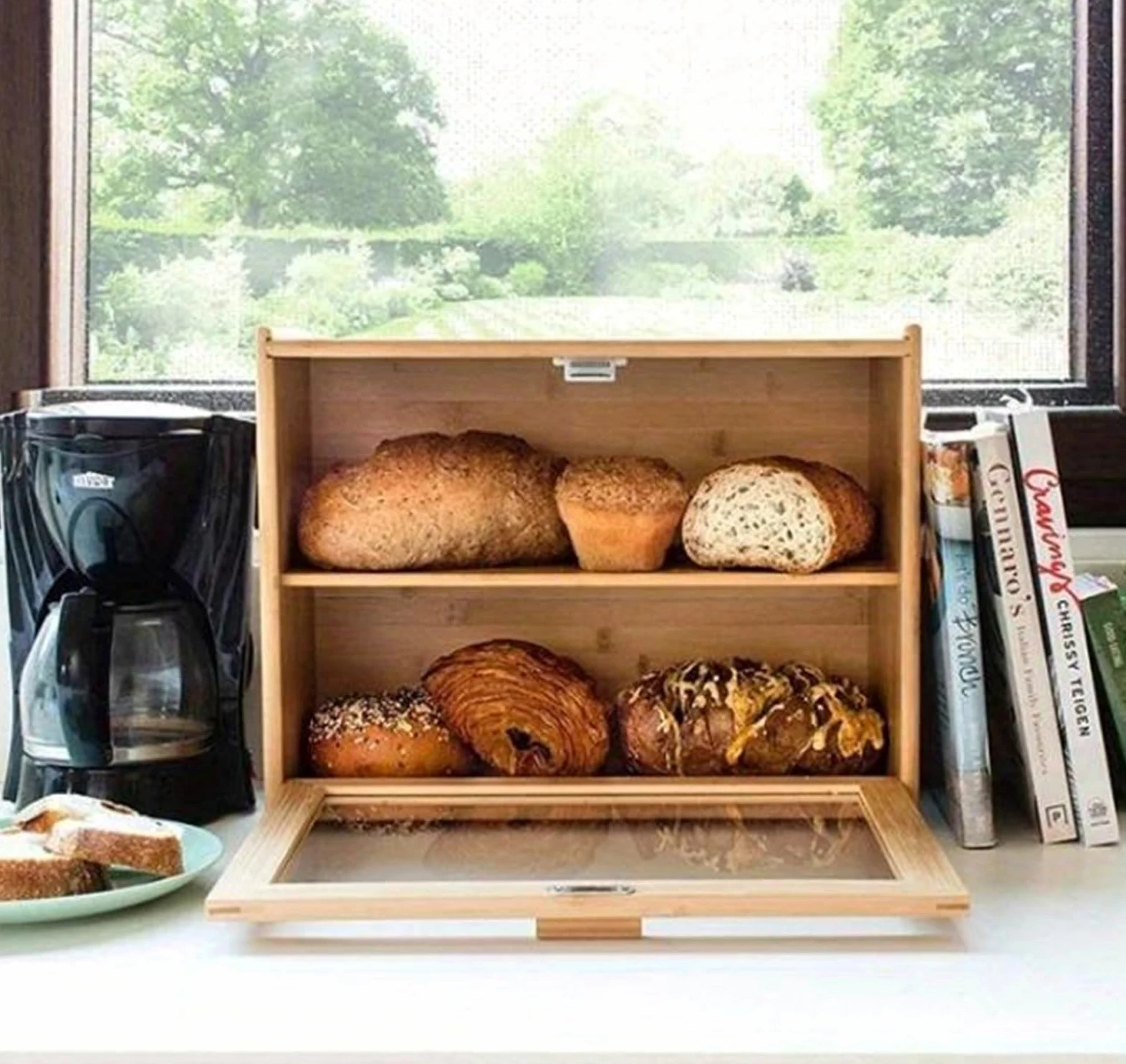 Caja De Pan Panera Para Pan Caja De Pan De Bambú, Soporte De Almacenamiento De Pan Doble, Contenedor De Pan De Gran Capacidad, Organizador De Cocina, Caja De Pan De 2 Capas Caja Contenedor De Pan