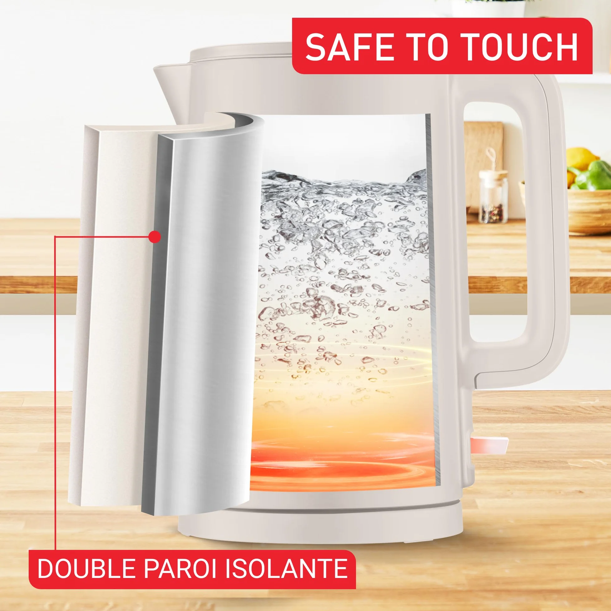 Hervidor eléctrico Tefal Thermo Protect, Safe to Touch, 1500W, Gris claro e interior inox, KO140BE0