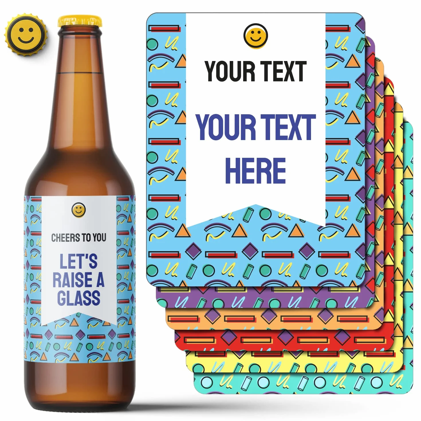 6 Etiquetas para botellas de cerveza con texto personalizado. Pack de 6 pegatinas de colores para refrescos con carita sonriente y tapón personalizado. Adhesivos resistentes al agua.