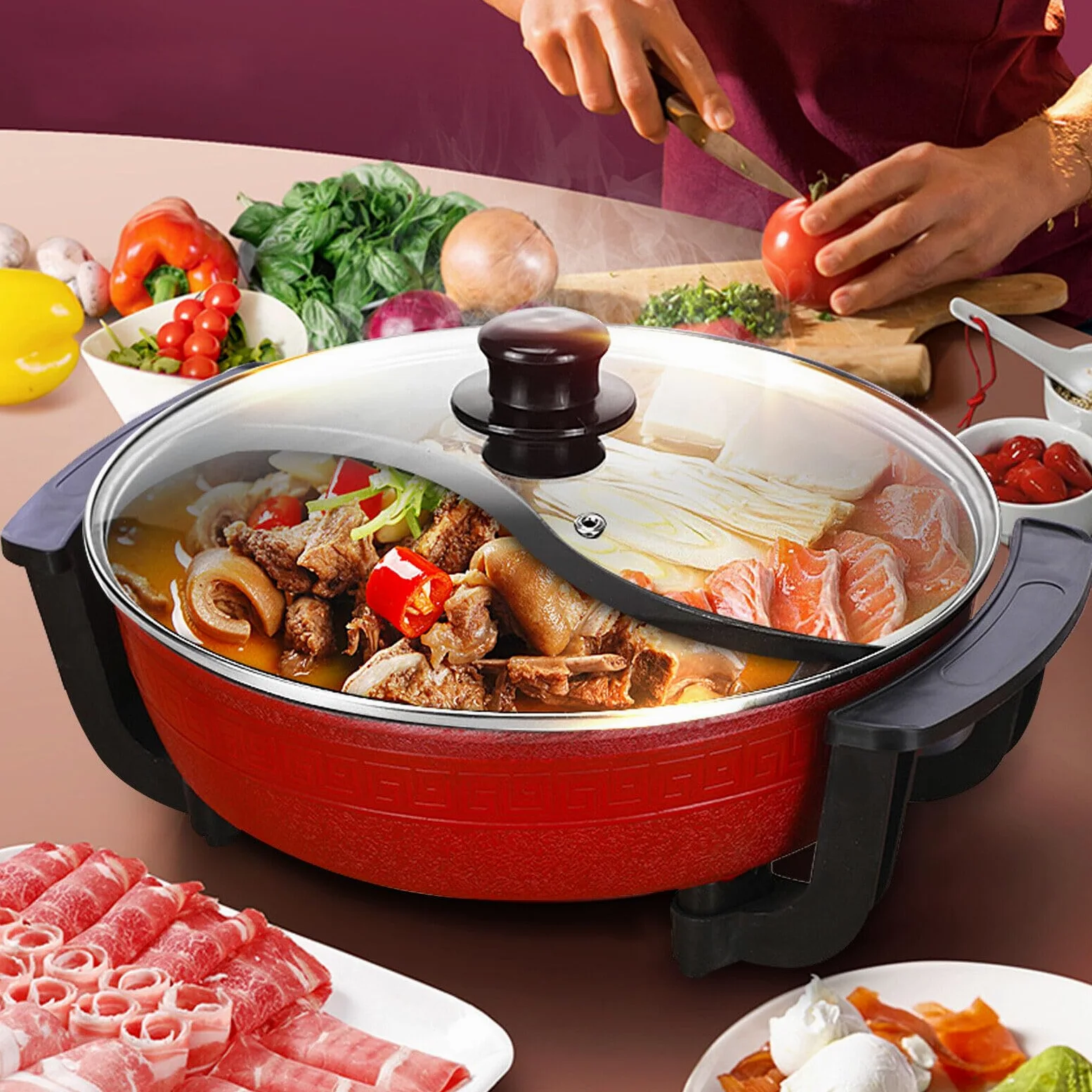 Olla eléctrica para 3-5 personas, olla multiusos antiadherente 6L, olla de fuego de 1360W clase 5, fácil de limpiar, adecuada para saltear/ventanas/fondue/guiso