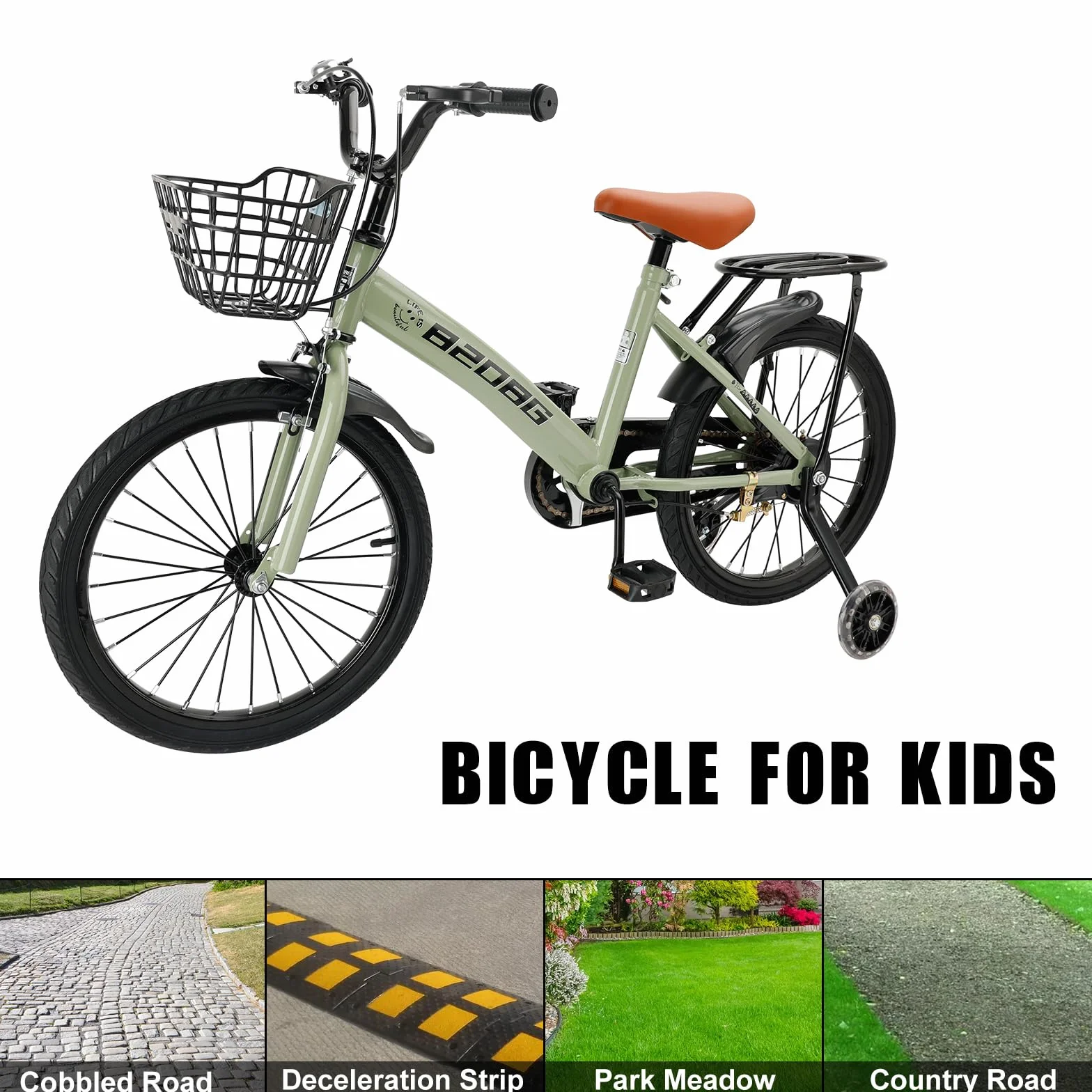 Bicicleta infantil 18 pulgadas marco acero carbono asiento manillar ajustables frenos dobles ruedines cesta desmontable
