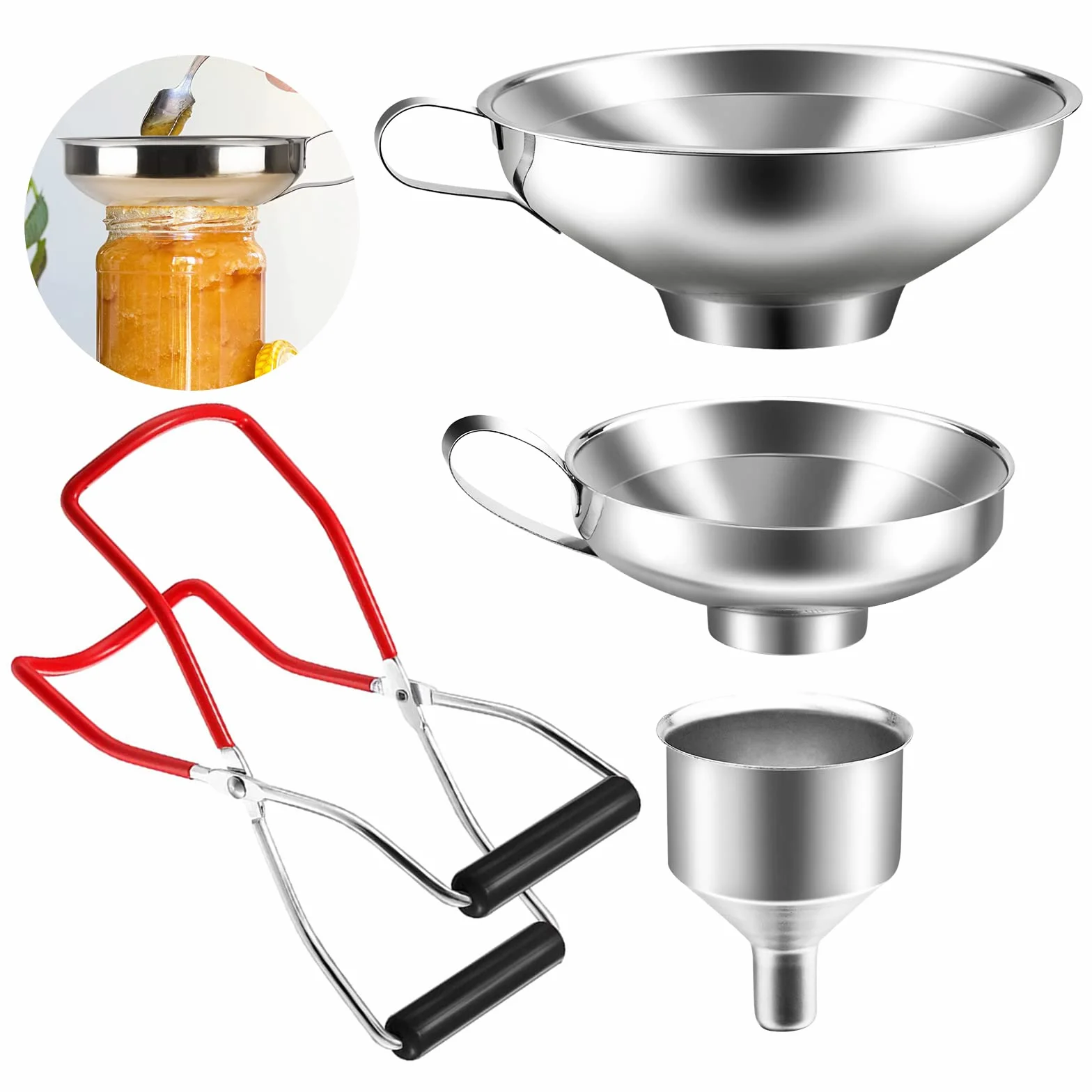 Embudo de Acero Inoxidable, Juego de 3 Embudos para Mermelada, Set de Embudos de Cocina con Pinza de Conservación para Trasvasar Especias, Líquidos, Judías y Mermelada