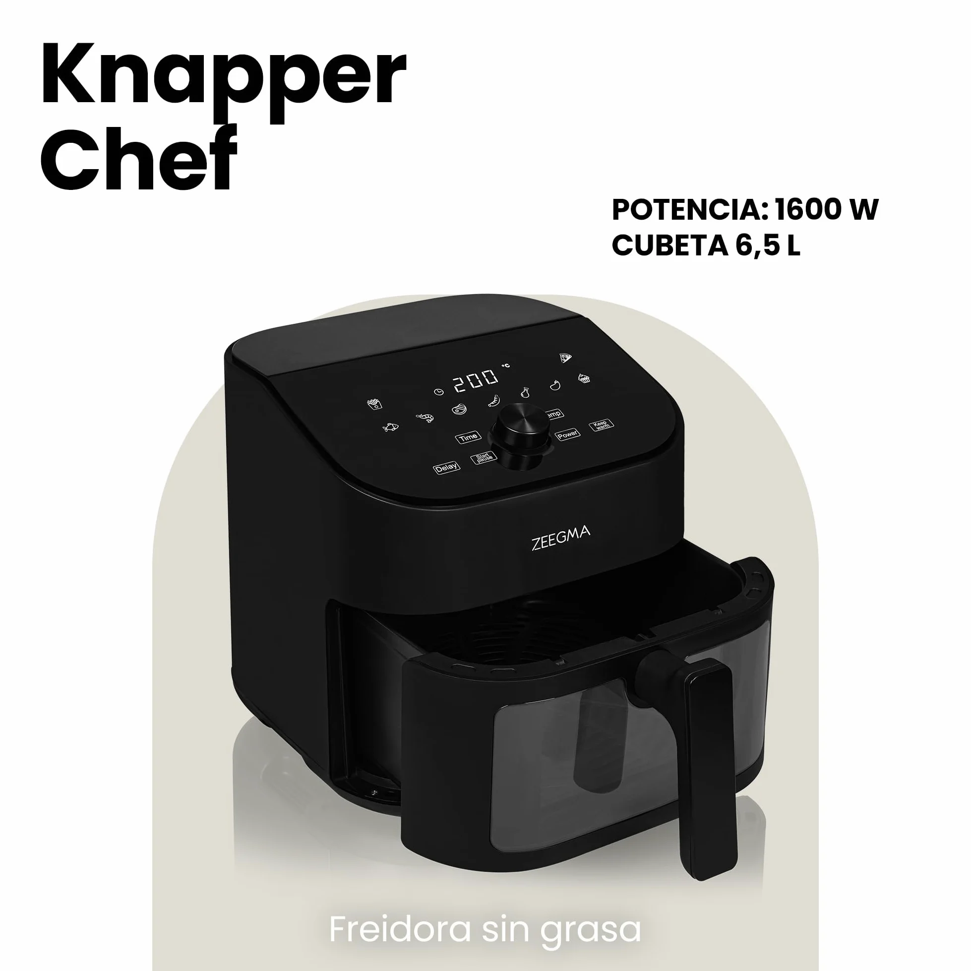 Freidora de Aire Zeegma Knapper Chef 6,5L - Cocina Saludable sin Aceite con 10 Programas Automáticos, 1600W, Calentamiento Rápido en 60s, Pantalla Táctil LCD, Fácil de Limpiar