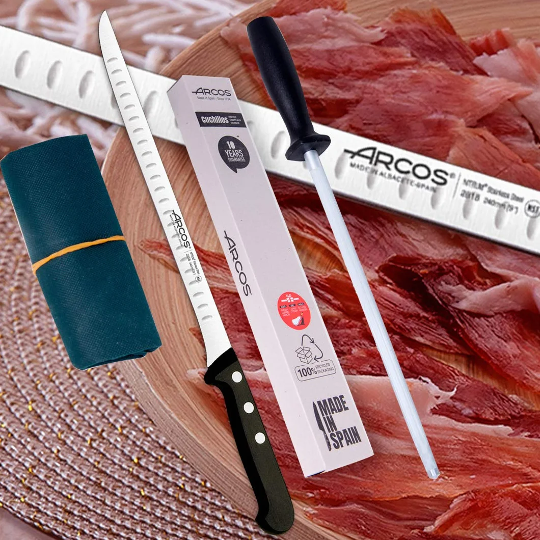Arcos | Juego Cuchillo Jamonero 3 Pzas | jamonero Acero Inoxidable (240 mm), afilador Chaira y Cubre jamón | Juego Cuchillos jamonero Profesional | Paleta ibérica | Eco