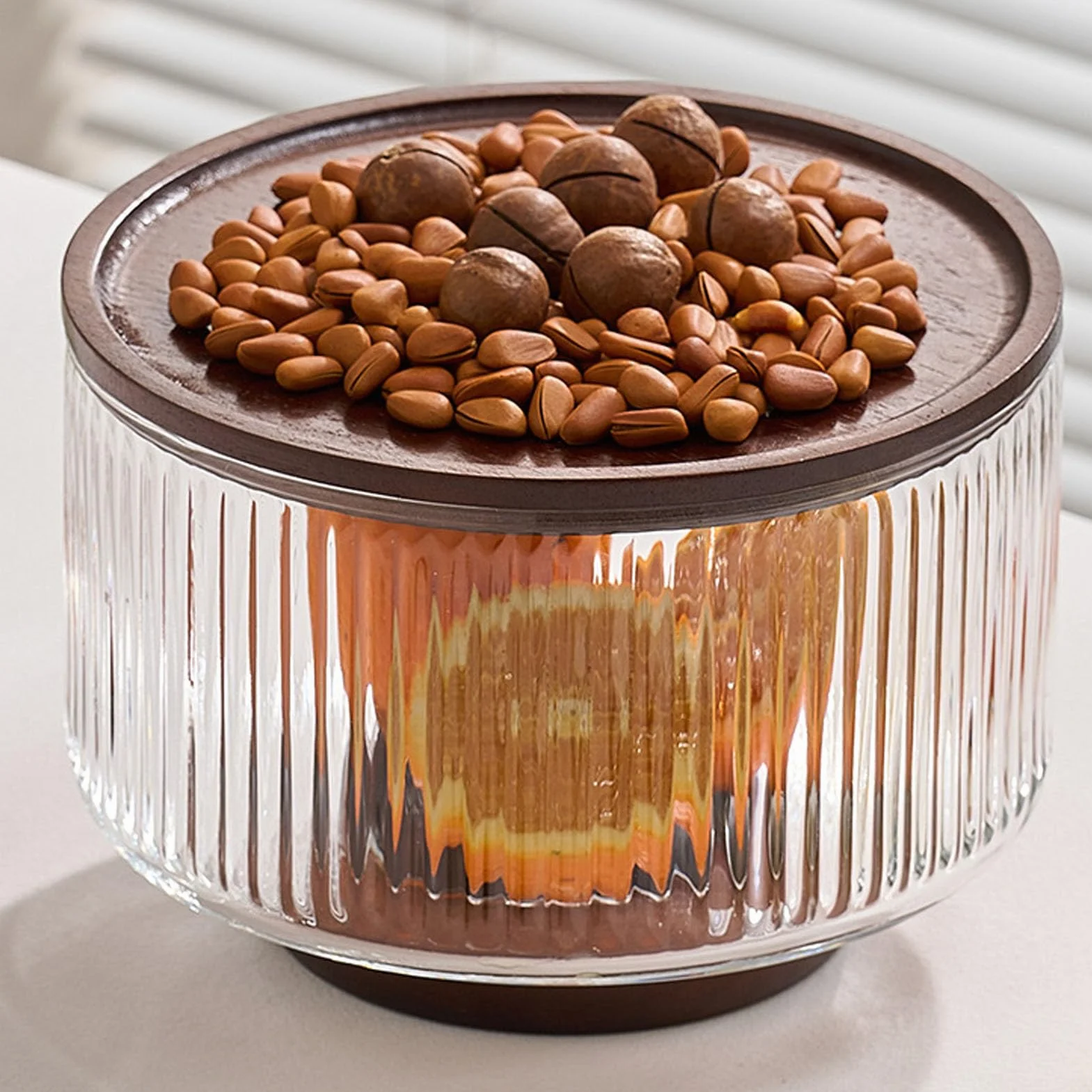 Fockety Ensaladera de Vidrio con Tapa y Base de Madera, 7.9in, para (Medio) | Tazón grande para servir, plato versátil para mezclar, frutero, plato para bagatelas para cocina y fiestas