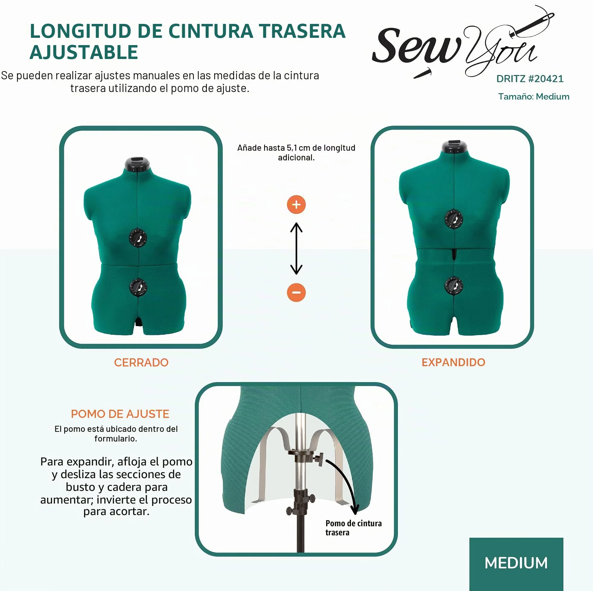 Dritz Forma de Vestido Ajustable, Verde ópalo, M