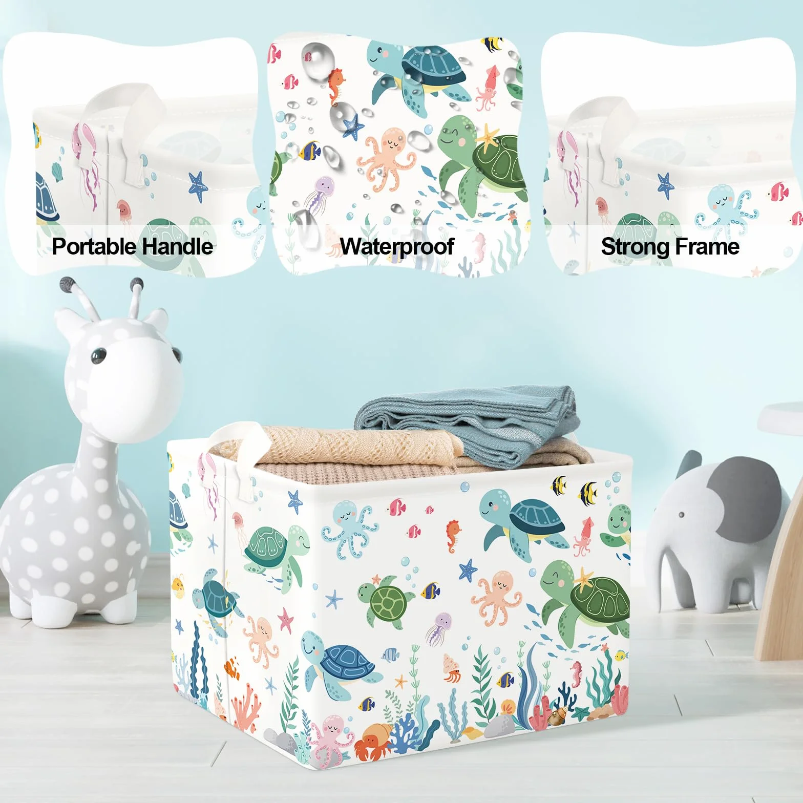 Clastyle Cestos Almacenaje Animal Marino Cajas de Almacenaje Plegable Padres Ropa para Juguete Ropa Cesta Ropa Sucia para Baño, Tortuga Verde, 40x30x30 cm