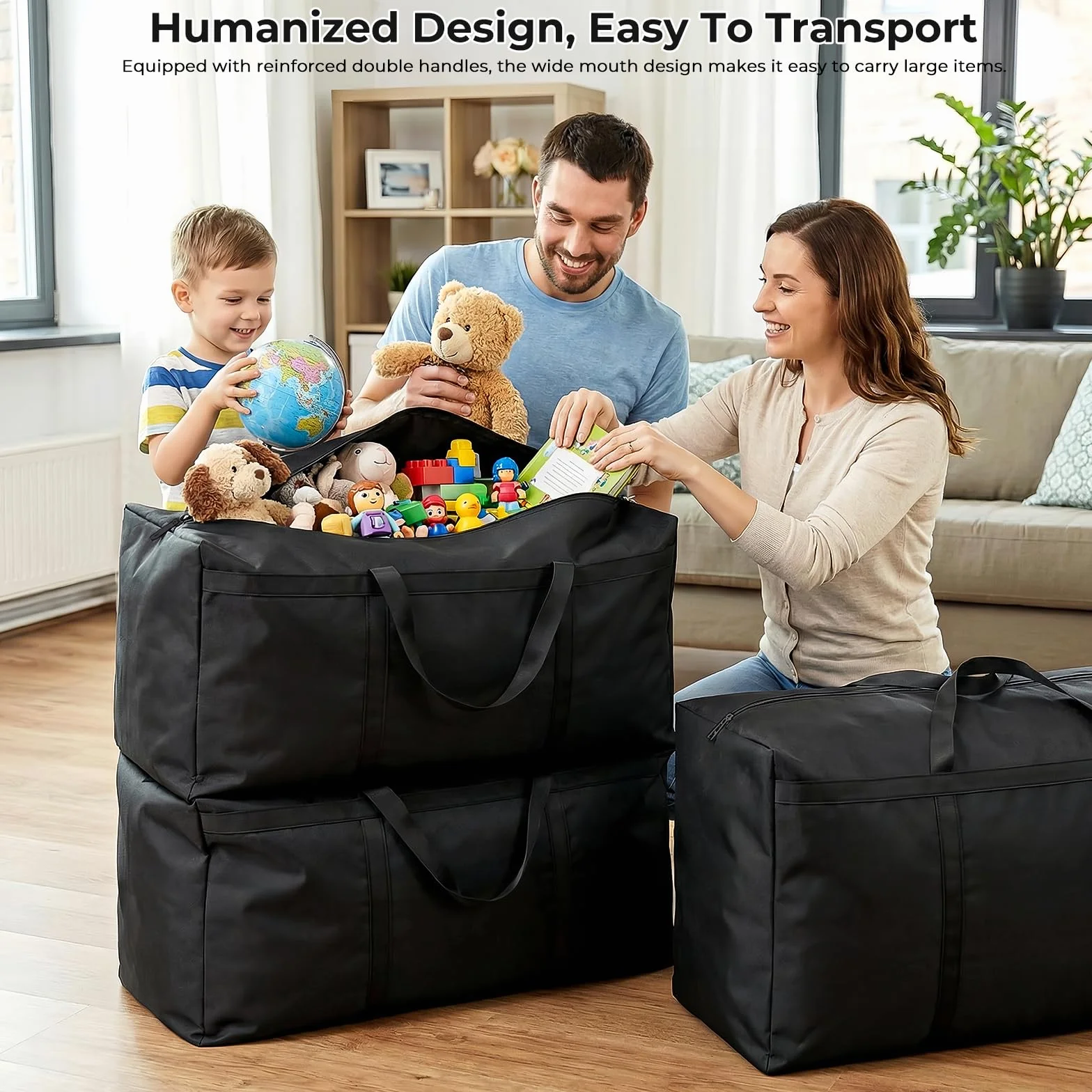 4 Piezas Bolsas de Almacenamiento Grandes de 105 Litros, 600D Oxford Bolsas de Mudanza Resistentes con Cremallera y Asa, Bolsa de Transporte Impermeable para Mudanzas, Edredones, Ropa de Cama, Negro