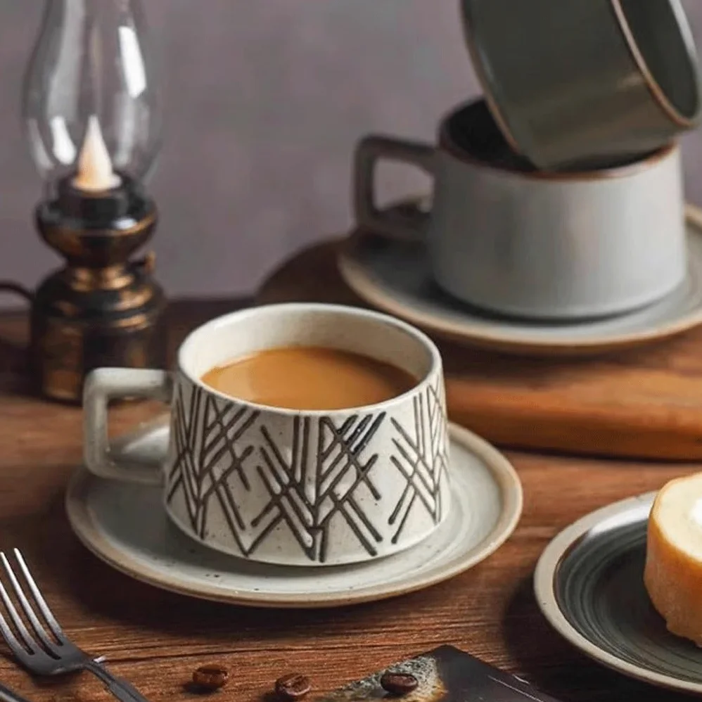 ENGENDER Tazas Cafe Taza De Cerámica Retro For El Hogar Café Gres Mug Cups(C)