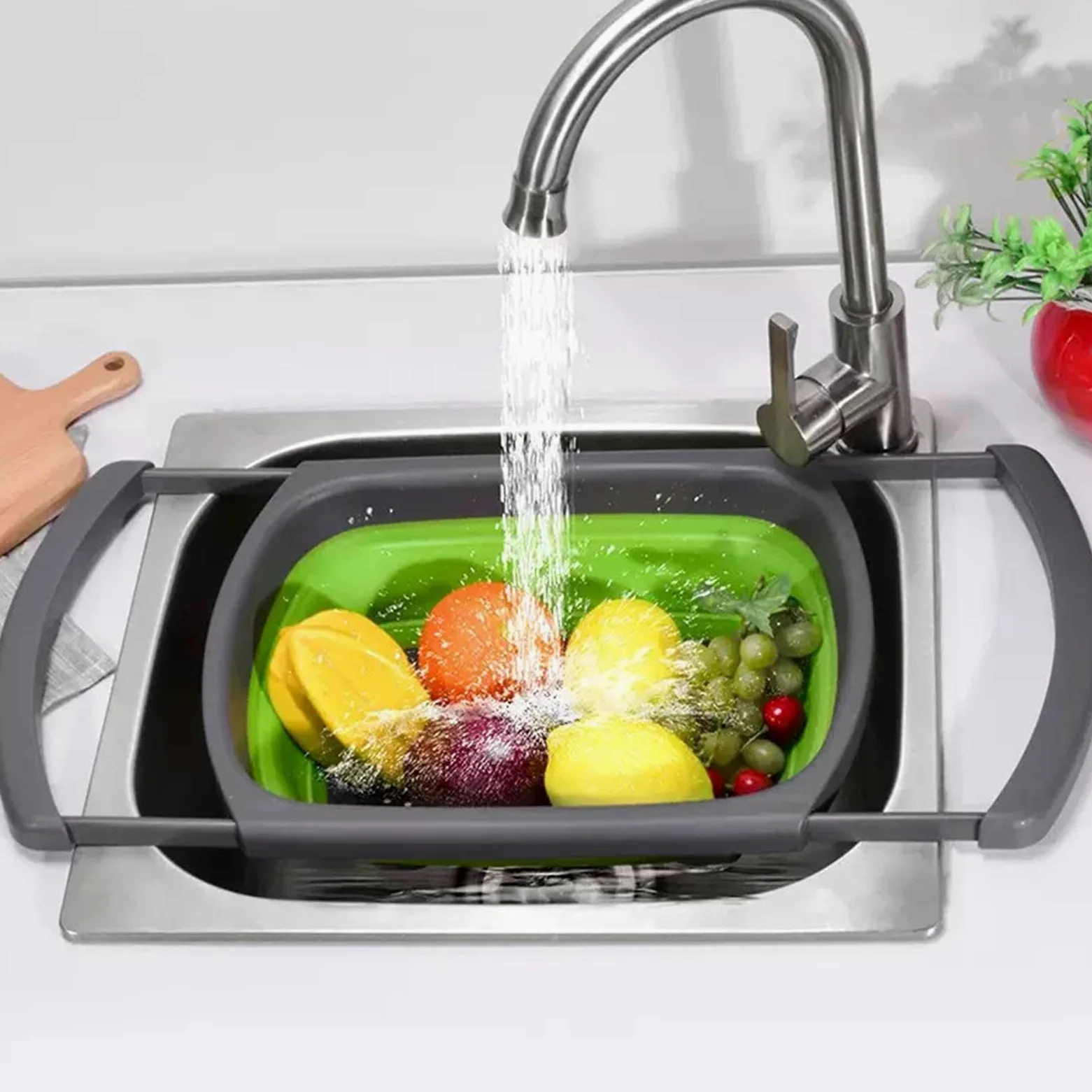 Colador Sobre El Fregadero: Escurridor De Verduras Plegable, Cesta Con Asas Extensibles, Colador De Alimentos De Silicona Para Pasta Y Frutas | Cocina Apartamento Granja Preparación De Comidas Lavado