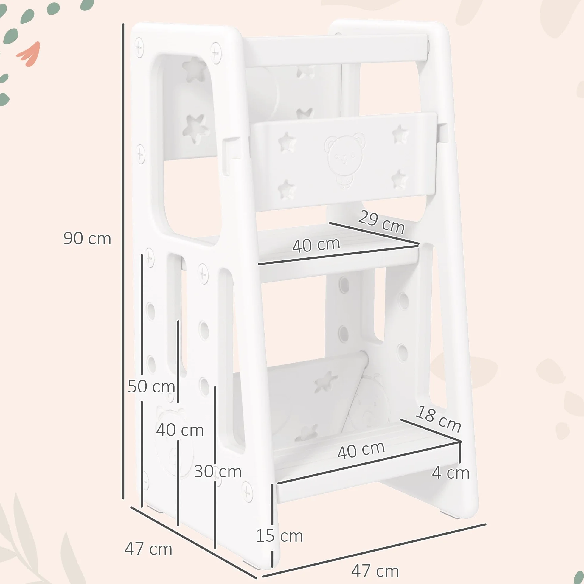 HOMCOM Torre de Aprendizaje para Niños Taburete Infantil Altura Ajustable 3 Posiciones Plataforma Antideslizante 47x47x90 cm Blanco
