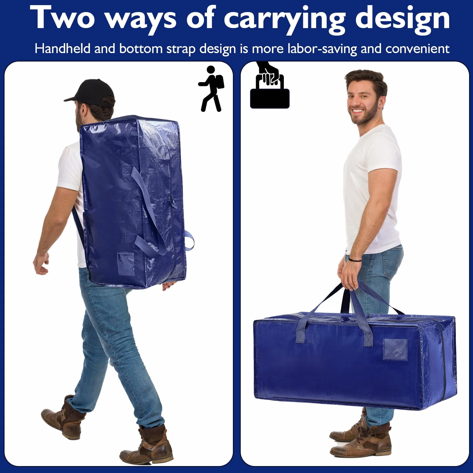 Pack de 6 Grande Bolsa de Almacenamiento de Poliéster, Impermeable Bolsas de Mudanza con Cremallera y Asa, Cajas de Mudanza de Gran Capacidad para Ahorrar Espacio y Embalar, Azul