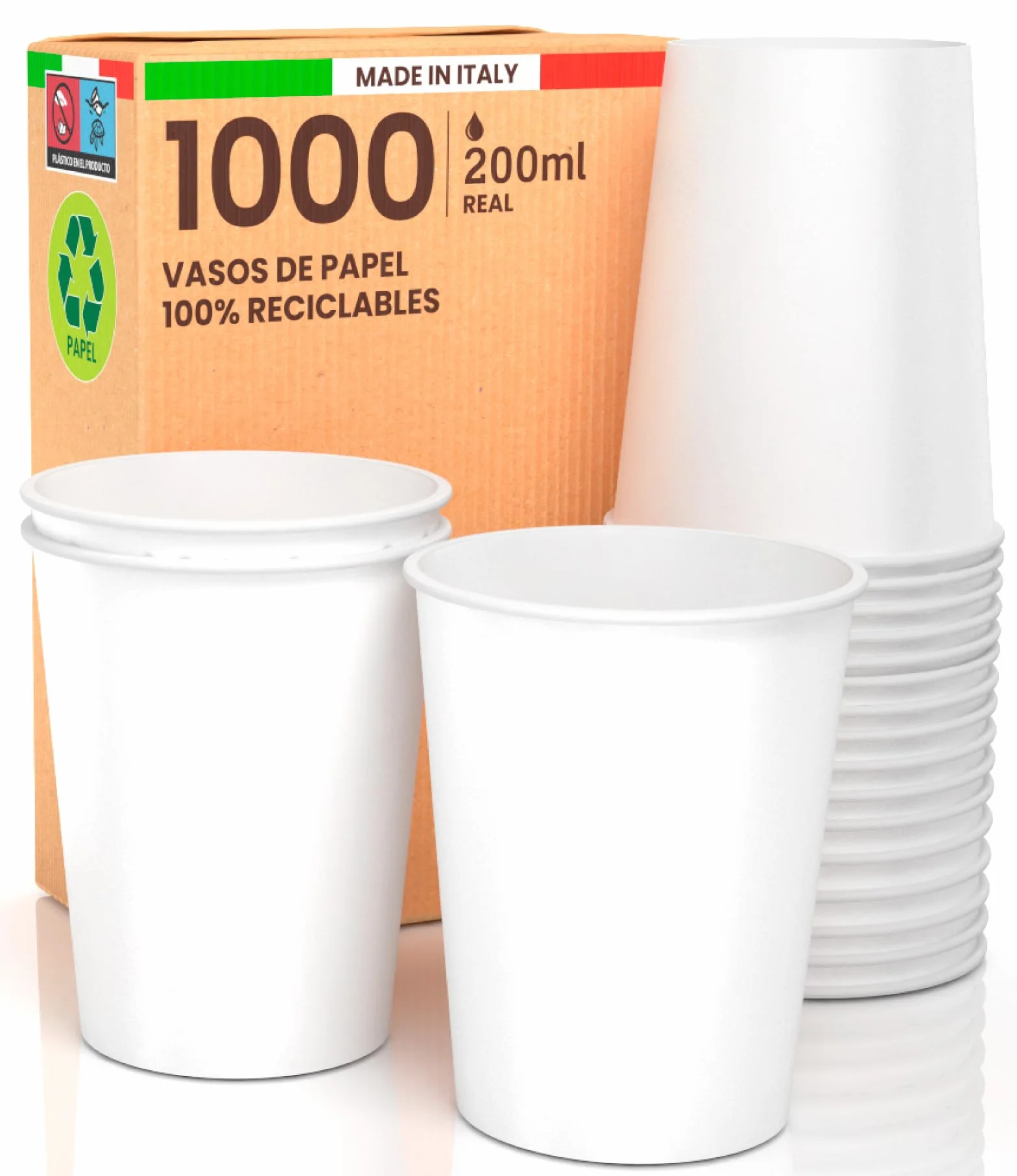 1000 vasos de papel de 200 ml, blancos, desechables, ecológicos, biodegradables, agua | Baciato Caffè Fabricado en Italia. Para llevar bebidas calientes. Producto fabricado y empaquetado en Italia