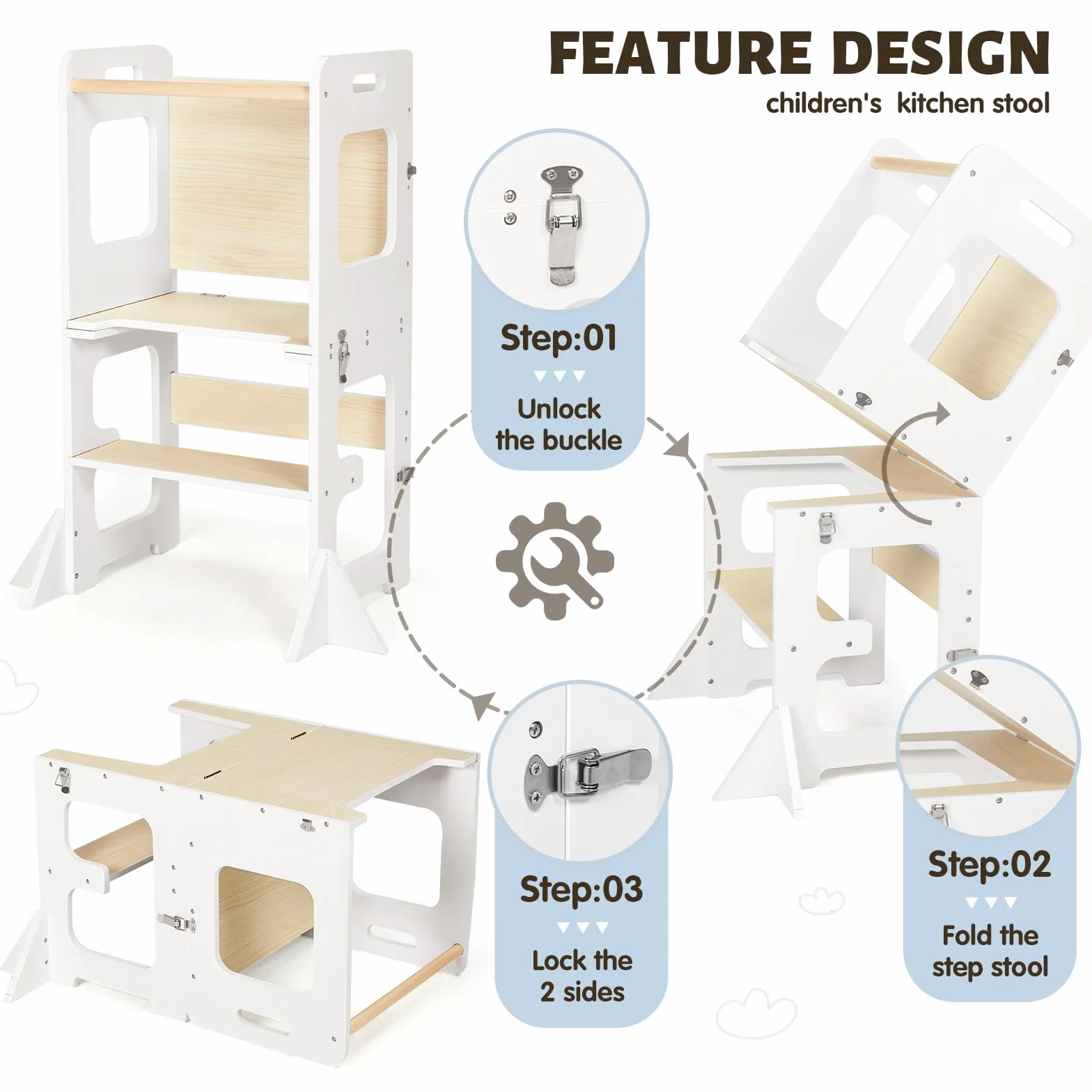 Labebe Torre de Aprendizaje Montessori Plegable 3 en 1 para Niño a Partir de 1 Año Blanco y Madera