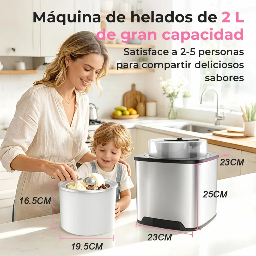 Maquina Hacer Helados 2L Máquina para Hacer Helados Maquina de Helados Profesional Sorbete y Yogur Congela en 30 Minutos, Maquina Helados Soft