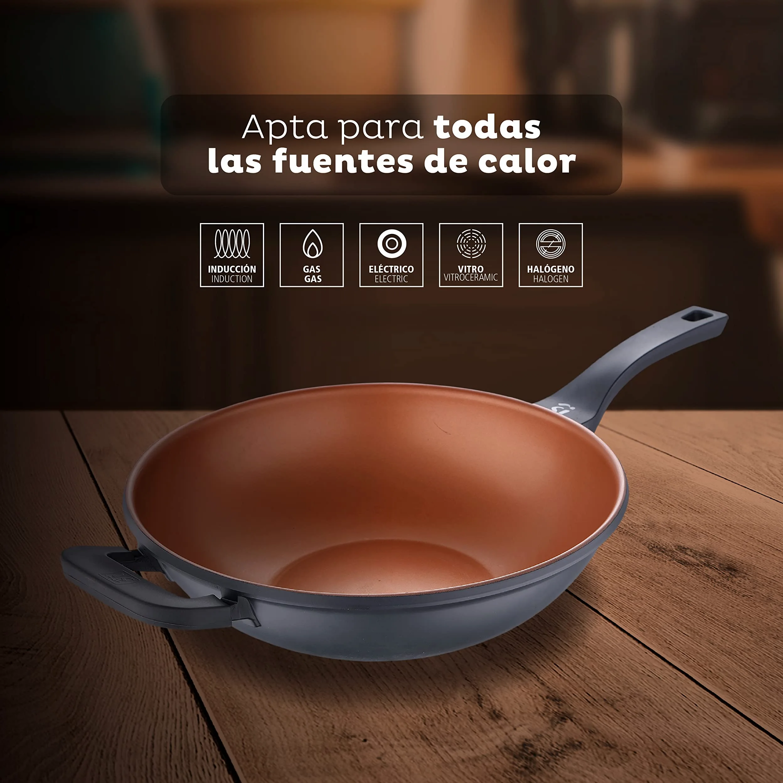 SAN IGNACIO Bronze - Wok de Cocina de 32 cm Antiadherente de Aluminio Fundido - Mango Soft Touch - Sin Tóxicos - Para Inducción, Vitroceramica y Todo Tipo de Cocinas