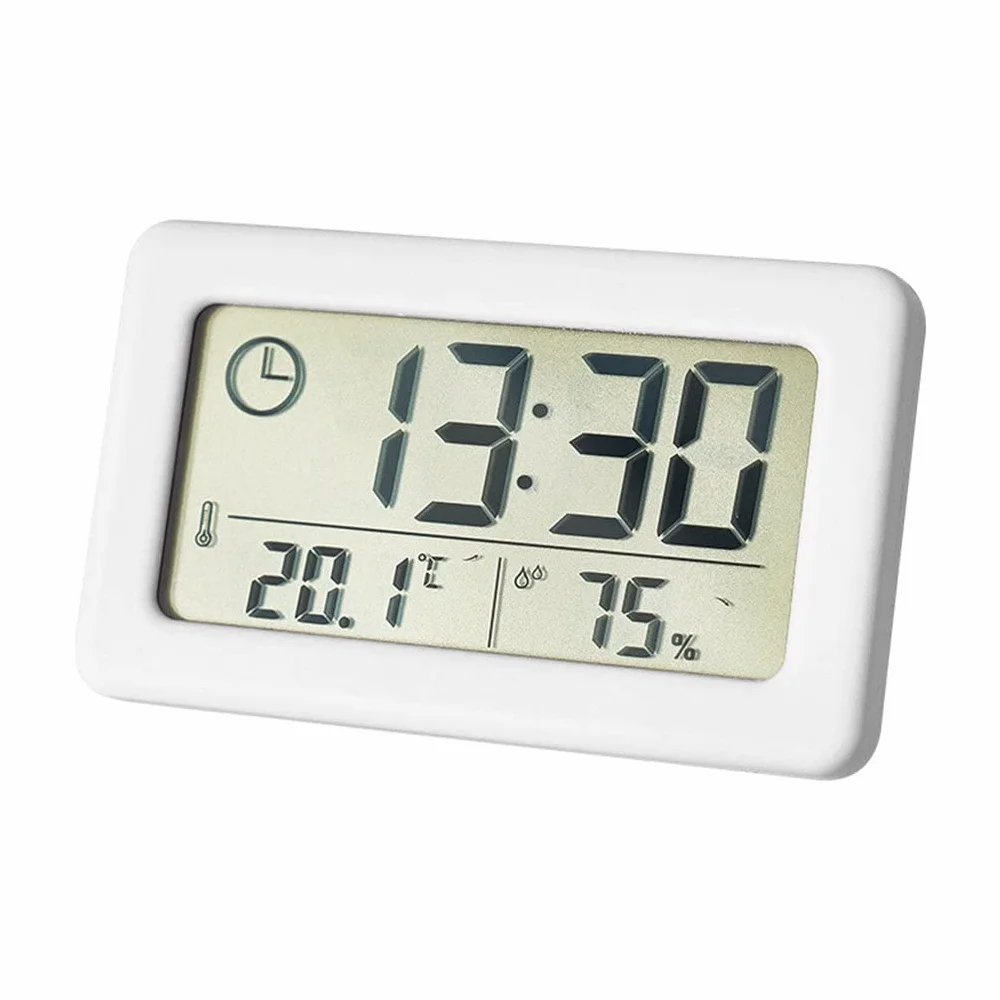 Termómetro Higrómetro Electrónico, Pequeño Reloj con Temperatura Humedad ℃/℉ Interruptor Batería Pantalla LCD 12/24 Horas Colgado Pie para Hogar Dormitorio