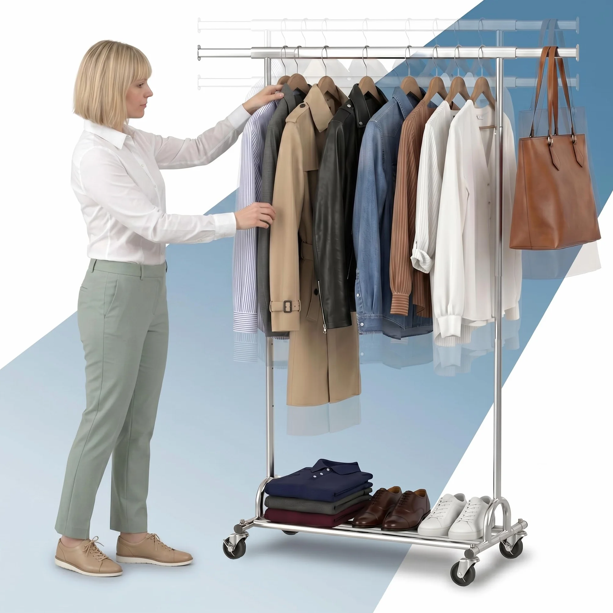 PORTENTUM Perchero burro ropa resistente extensible con ruedas y frenos – Altura regulable entre 149 y 174 cm – Hasta 180 kg de carga – Organizador ropa de acero de 45 x (92–132) cm de ancho