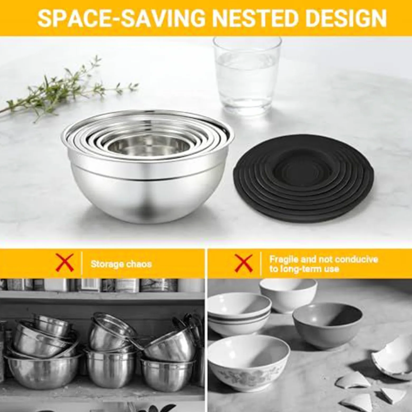 Boles de Mezcla de Acero Juego de 7 Piezas Apilables Redondas con Base | Recipientes para Ensalada y Verdura en el Hogar Para Salsa Grano Snacks Condimentos Verduras Fru