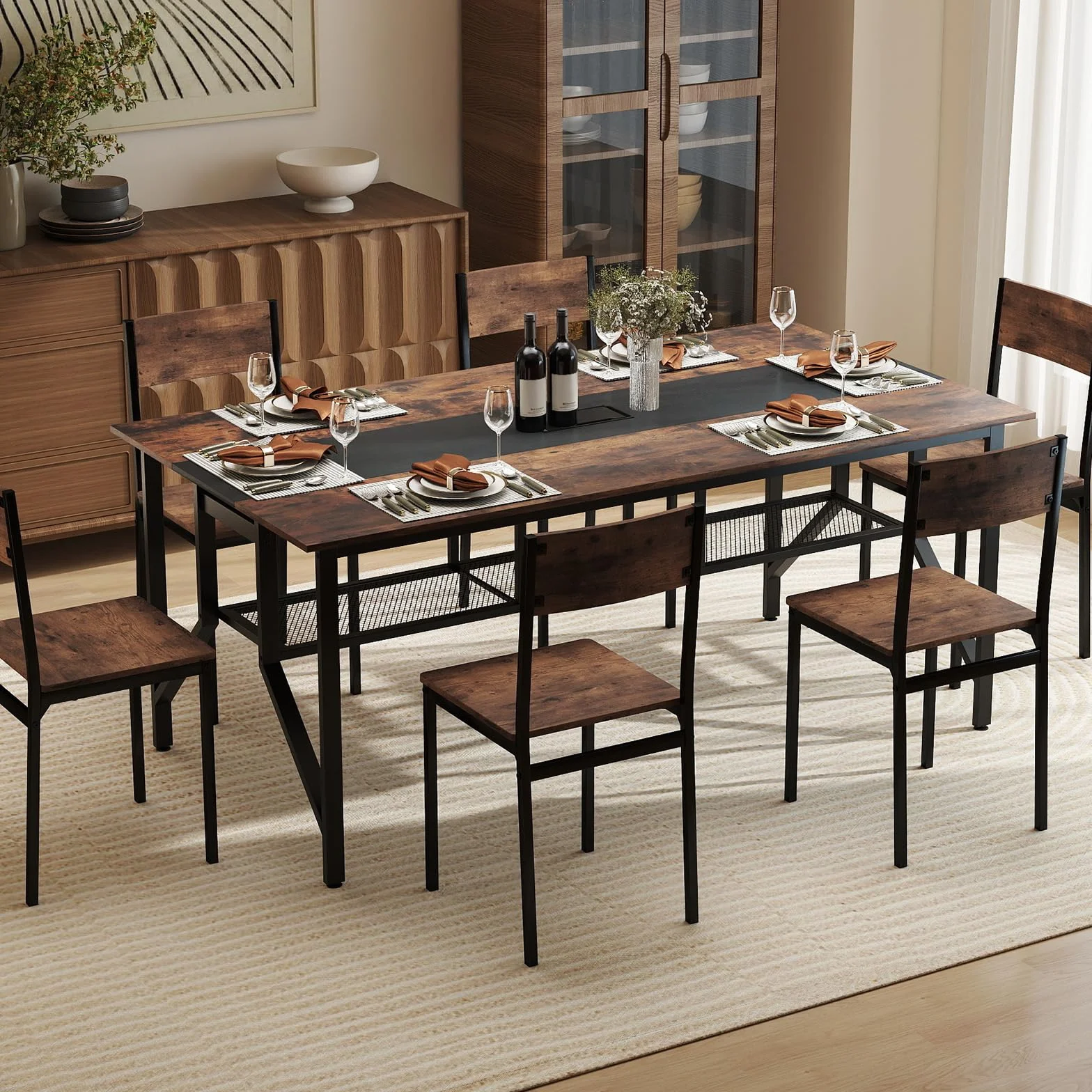 COSTWAY Mesa Rectangular para Reuniones 6-8 Personas, Mesa de Conferencias con Estante de Malla y Pasacables, Escritorio Industrial con Estructura Metálica, Oficina Sala, 180 x 96 x 76 cm