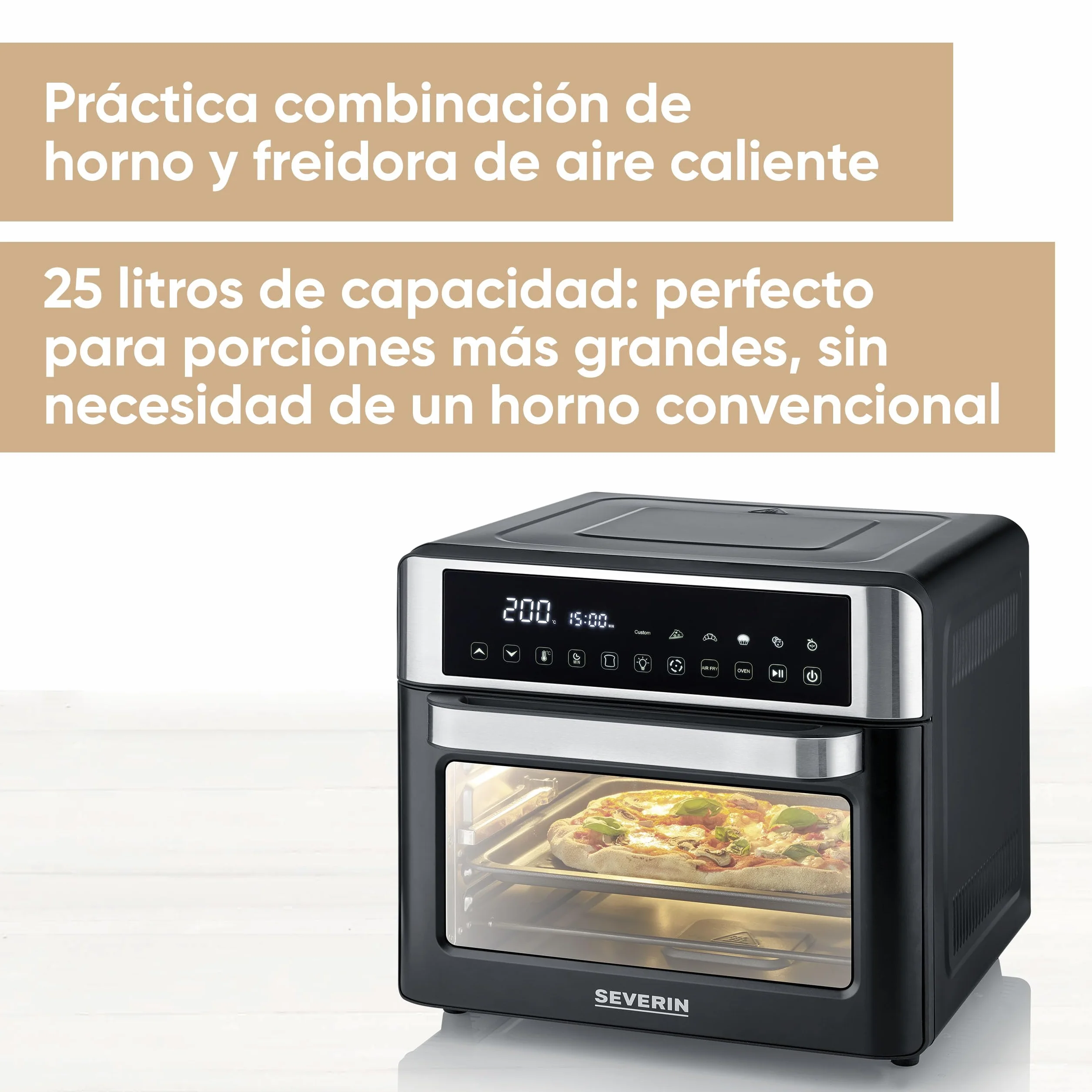 Severin Horno de sobremesa 2-en-1 tostador y freidora sin aceite, 25 L, con pantalla LED, temporizador y 12 programas automáticos; 40-220 °C, 2200 W, negro y plateado, TO 9579