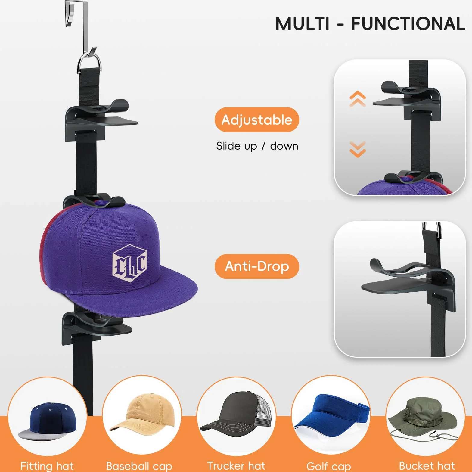 Soporte para gorras de béisbol sobre la puerta, espacio para 20 – 40 gorras, almacenamiento colgante con 2 correas ajustables (negro)