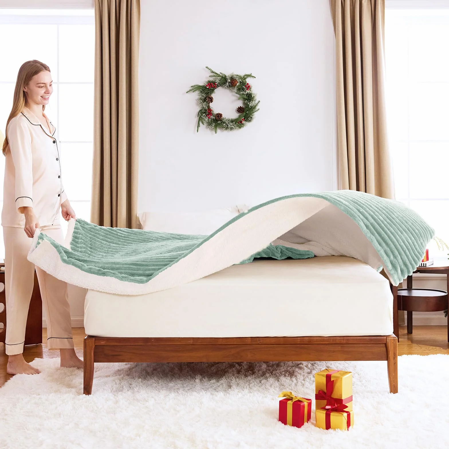 WAVVE Manta Sherpa Franela Reversible para Cama 135/150, Manta Polar con Cordón para Sofá, Grande 240 x 220 cm, Sobrecama Suave, Caliente, Transpirable para Invierno(Verde Claro)